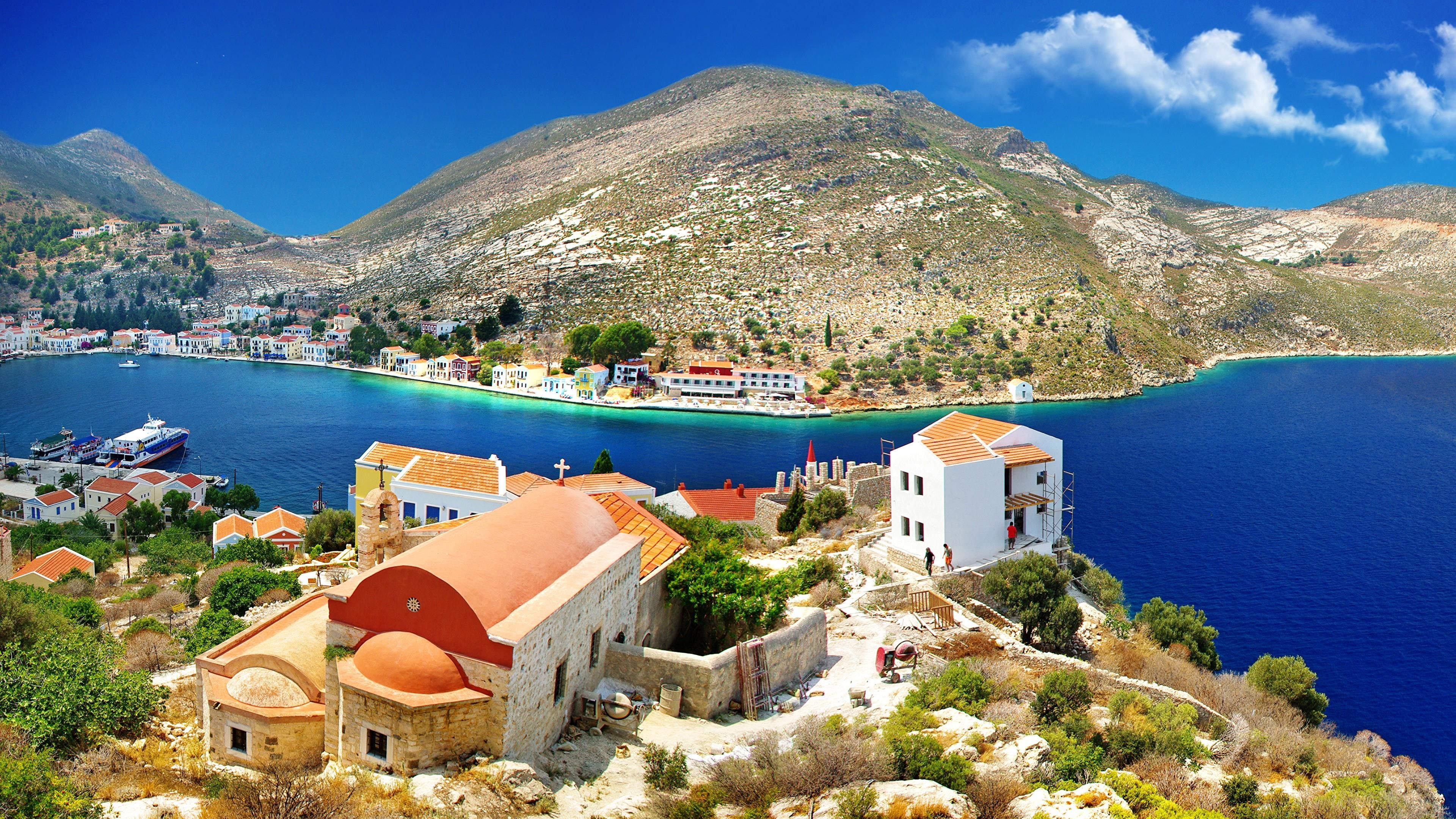 leisure, building exterior, blue sea, sky, outdoors, beauty in nature, mountain, water, no people, day, building, sea, mountain range, lake, 4K, promontory, HD Wallpaper