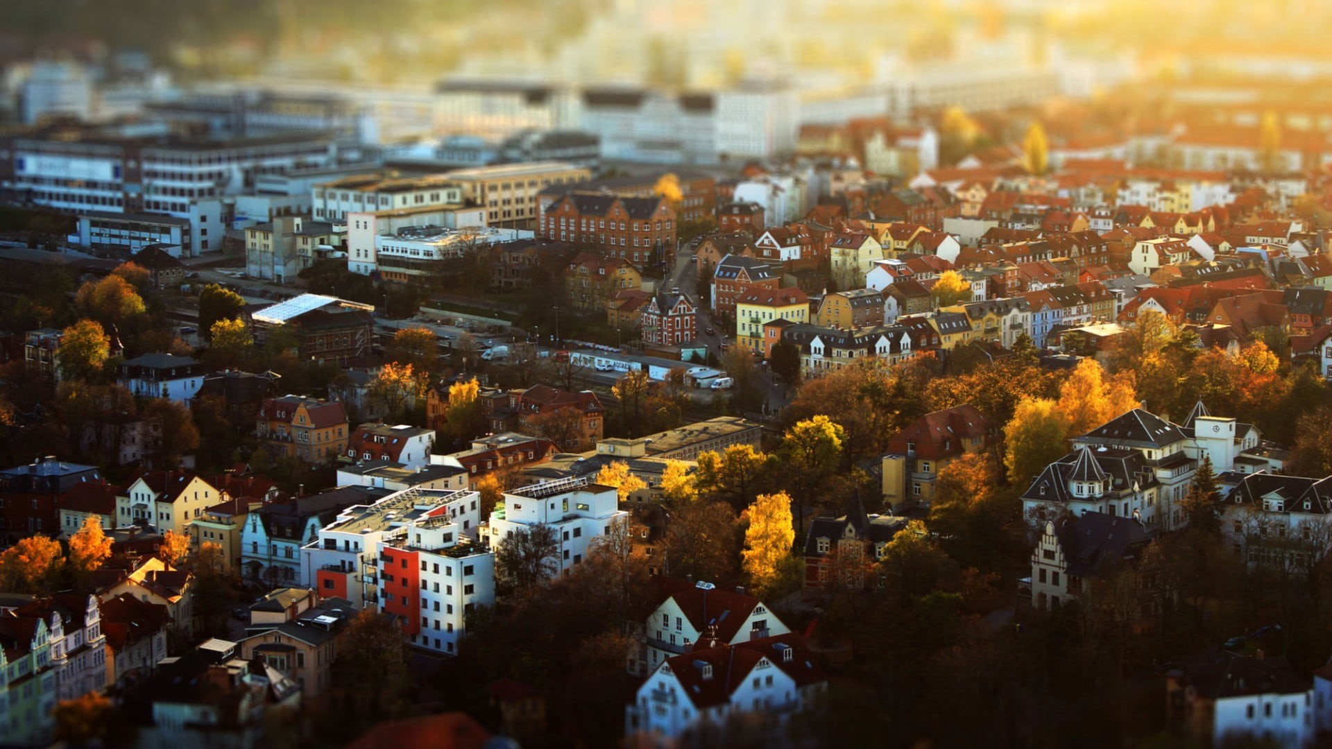 day, outdoors, plant, building exterior, tilt shift, cityscape, architecture, building, white, nature, tree, houses, city life, residential district, town, HD Wallpaper