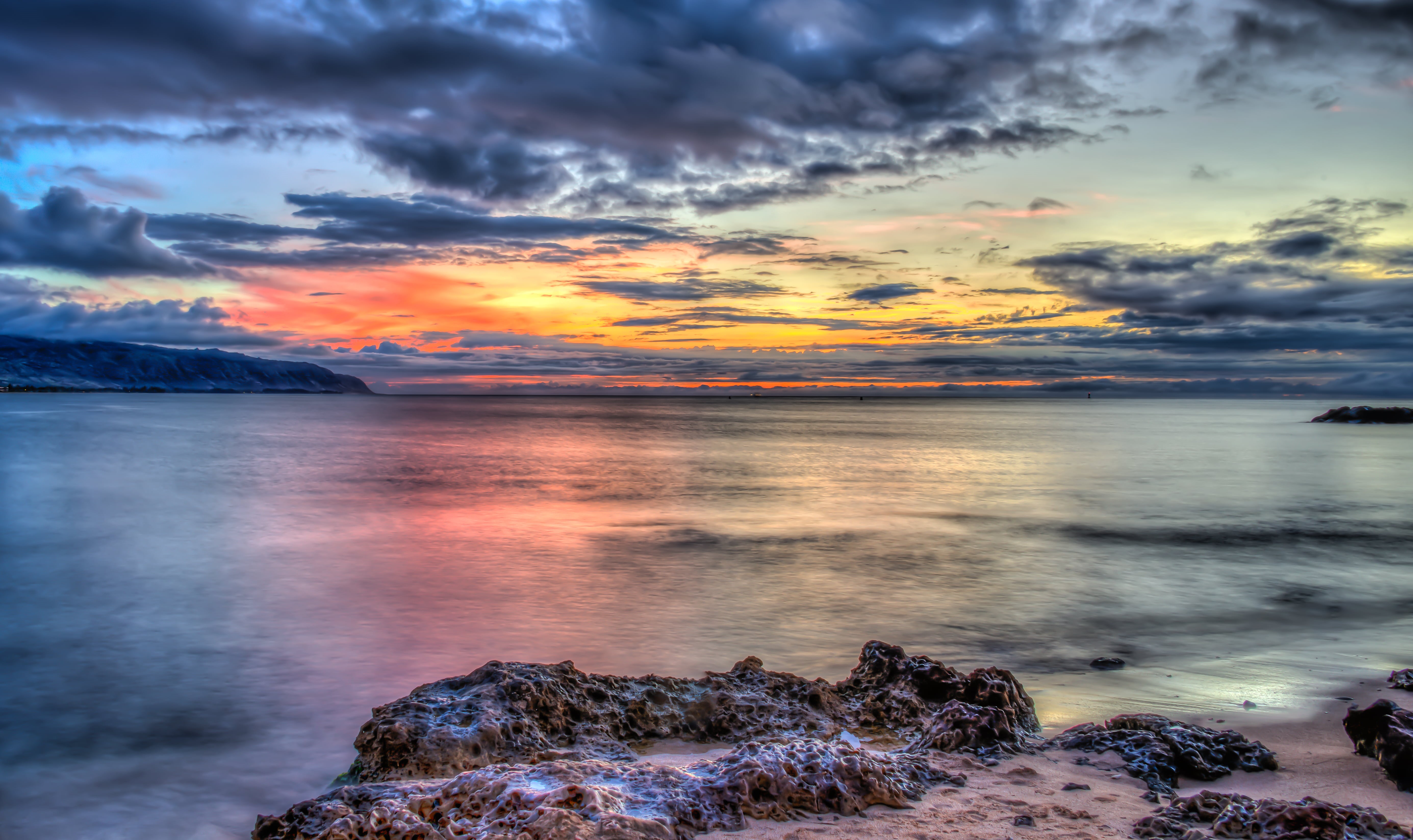 dusk, Minutes, 5K, fullframe, northshore, beach, Sunset, sun, hawaiian, cloudy, coastline, fx, photomatix, landscape, rock - Object, blue, oahu, tropical, HD Wallpaper