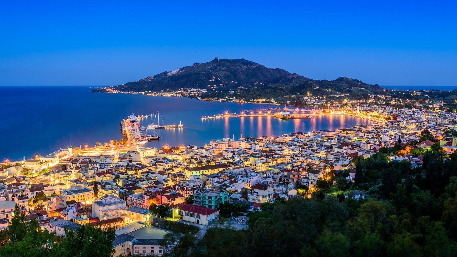 architecture, city, building exterior, marina, travel destinations, built structure, 1080P, port, townscape, water, no people, sea, plant, bay, zakynthos, HD Wallpaper