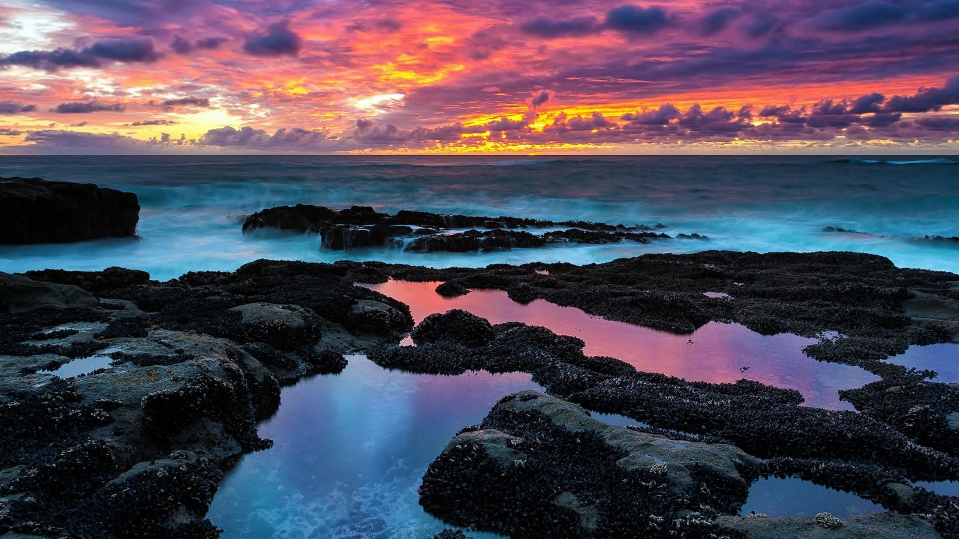 sunset, outdoors, dramatic sky, sky, nature, oregon, sea, land, solid, cape arago, water, coast, rock, rocky coast, tranquility, 1080P, no people, coos bay, HD Wallpaper