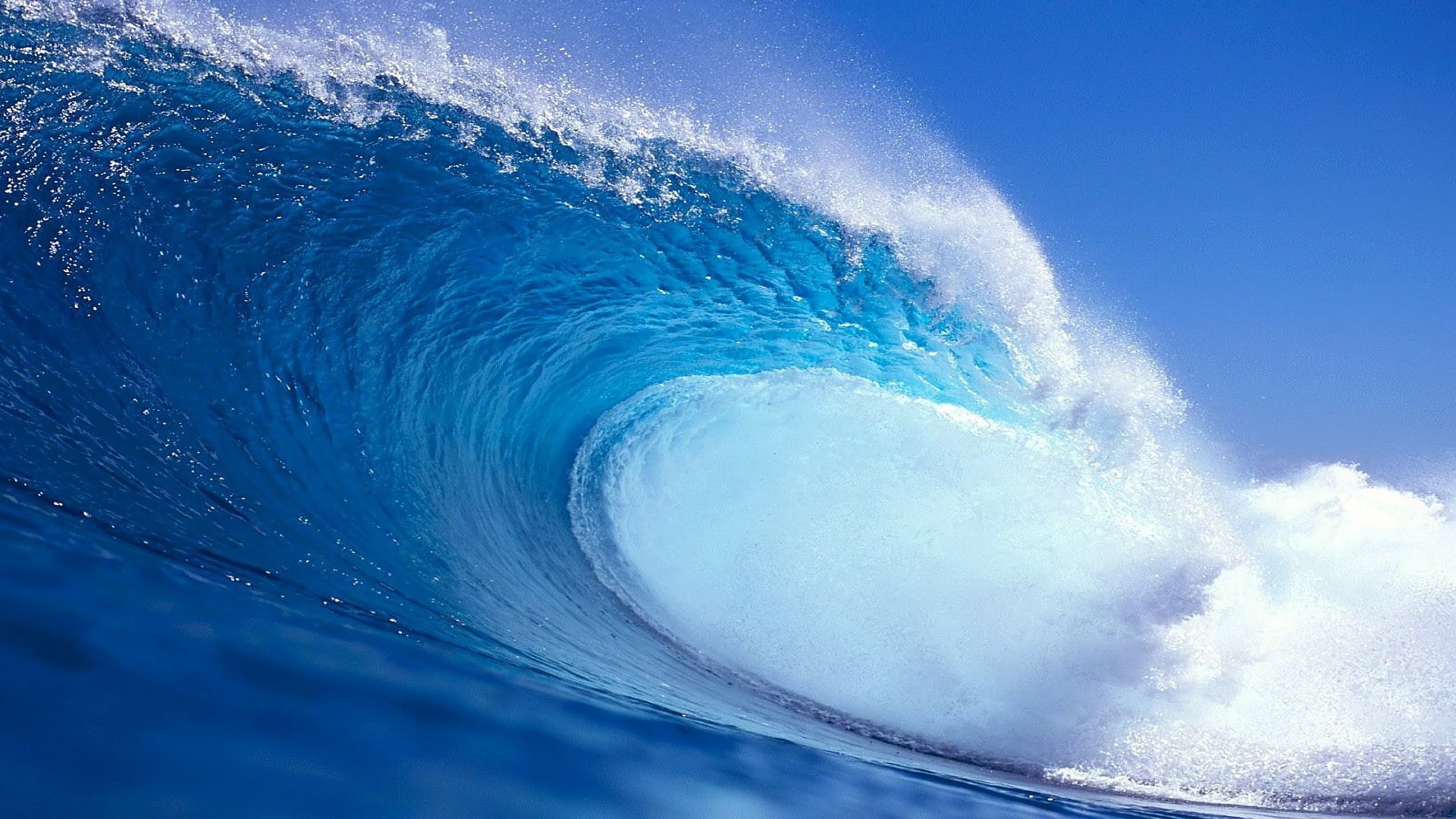 sea, 1080P, blue, nature, water, waves, clear sky, splashes, HD Wallpaper