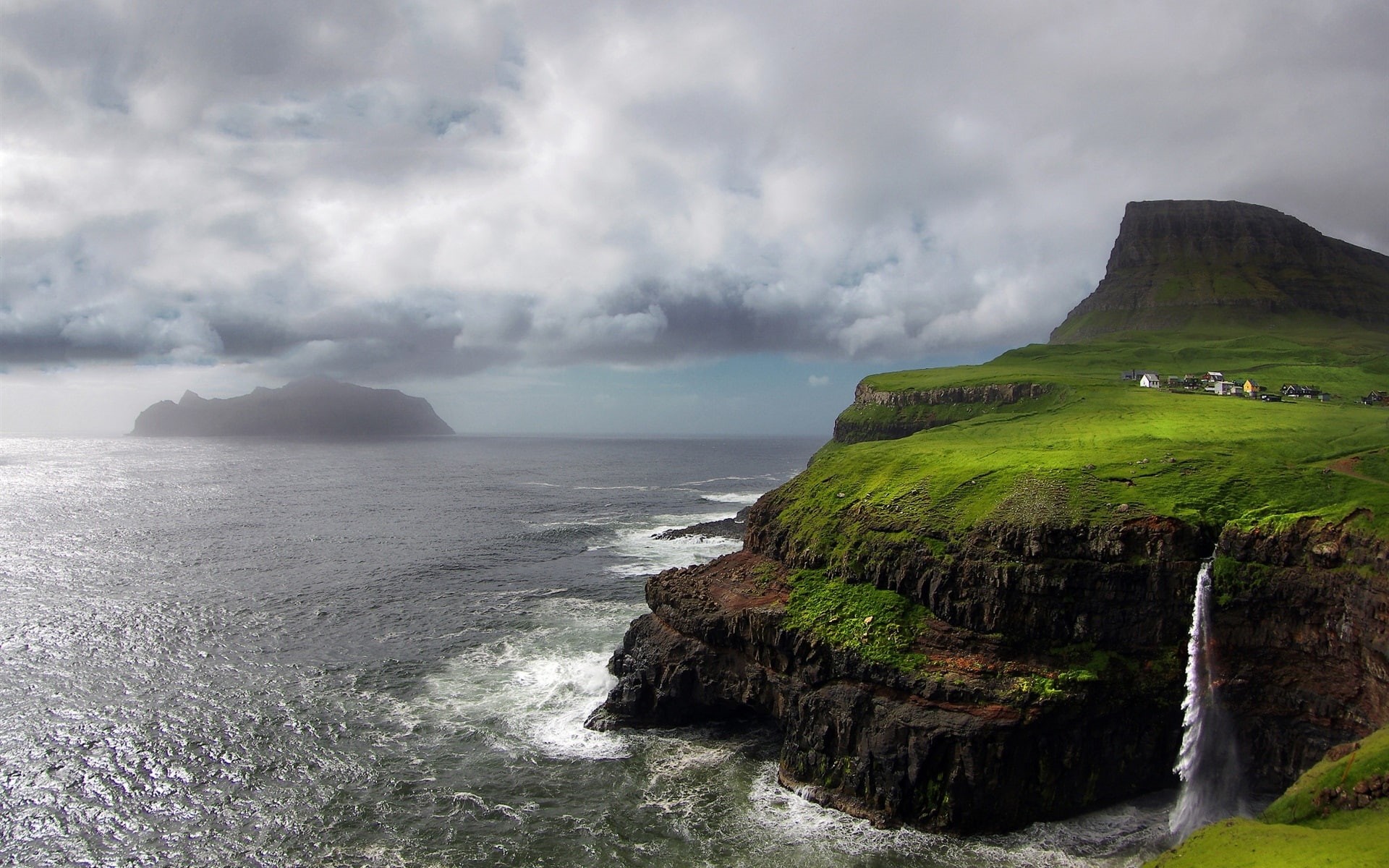 Rocks, falls, Atlantic, green, Mountain, 1080P, Islands, Clouds, water, Storm, cliff, Waterfall, Faroe, HD Wallpaper