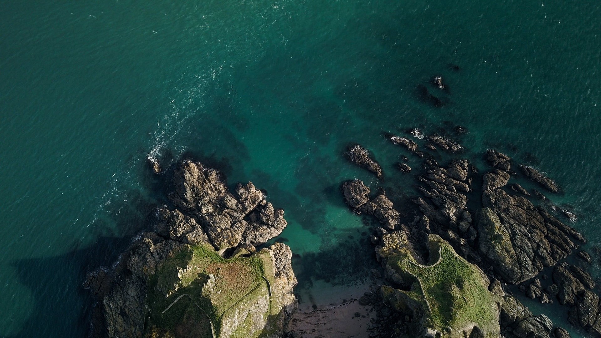 tranquility, high angle view, rock, aerial, day, outdoors, sea, 1080P, turquoise colored, tranquil scene, idyllic, no people, stone, scenics - nature, HD Wallpaper