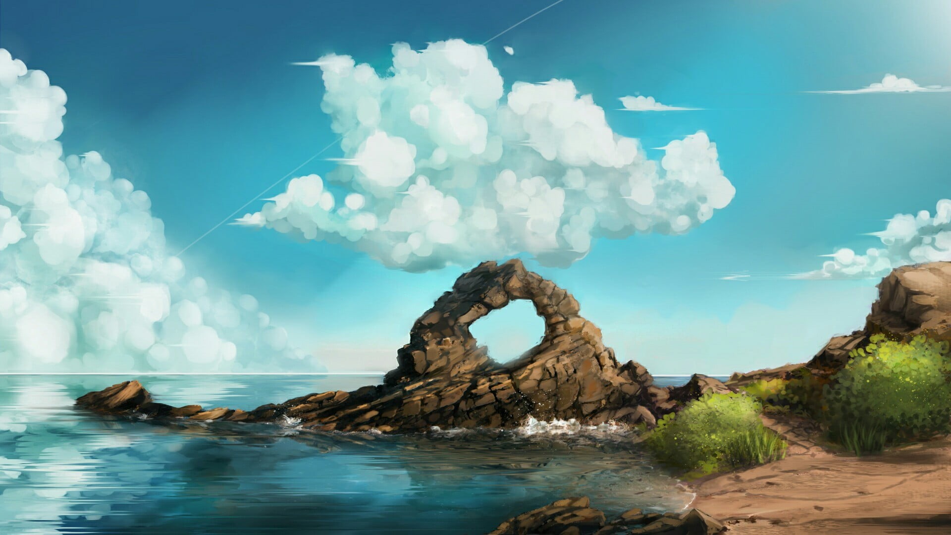 cyan, tranquility, brown, solid, tranquil scene, cloud - Sky, beach, sea, artwork, clouds, day, rocks, non-urban scene, backgrounds, no people, 1080P, HD Wallpaper