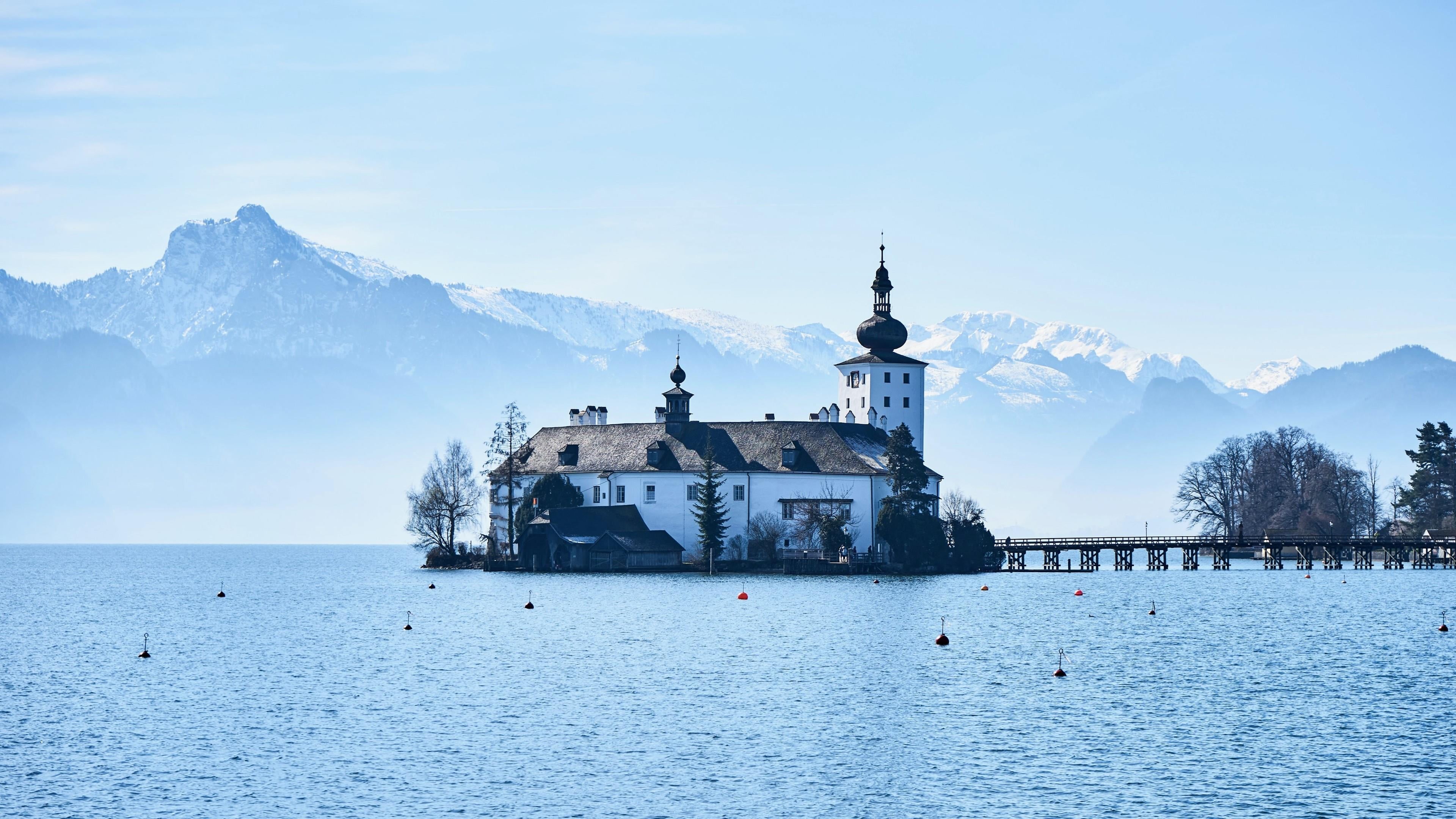 spirituality, snowcapped mountain, lake, castle, traunsee lake, winter, snow, nature, place of worship, ort castle, island, religion, gmunden, mountain, HD Wallpaper