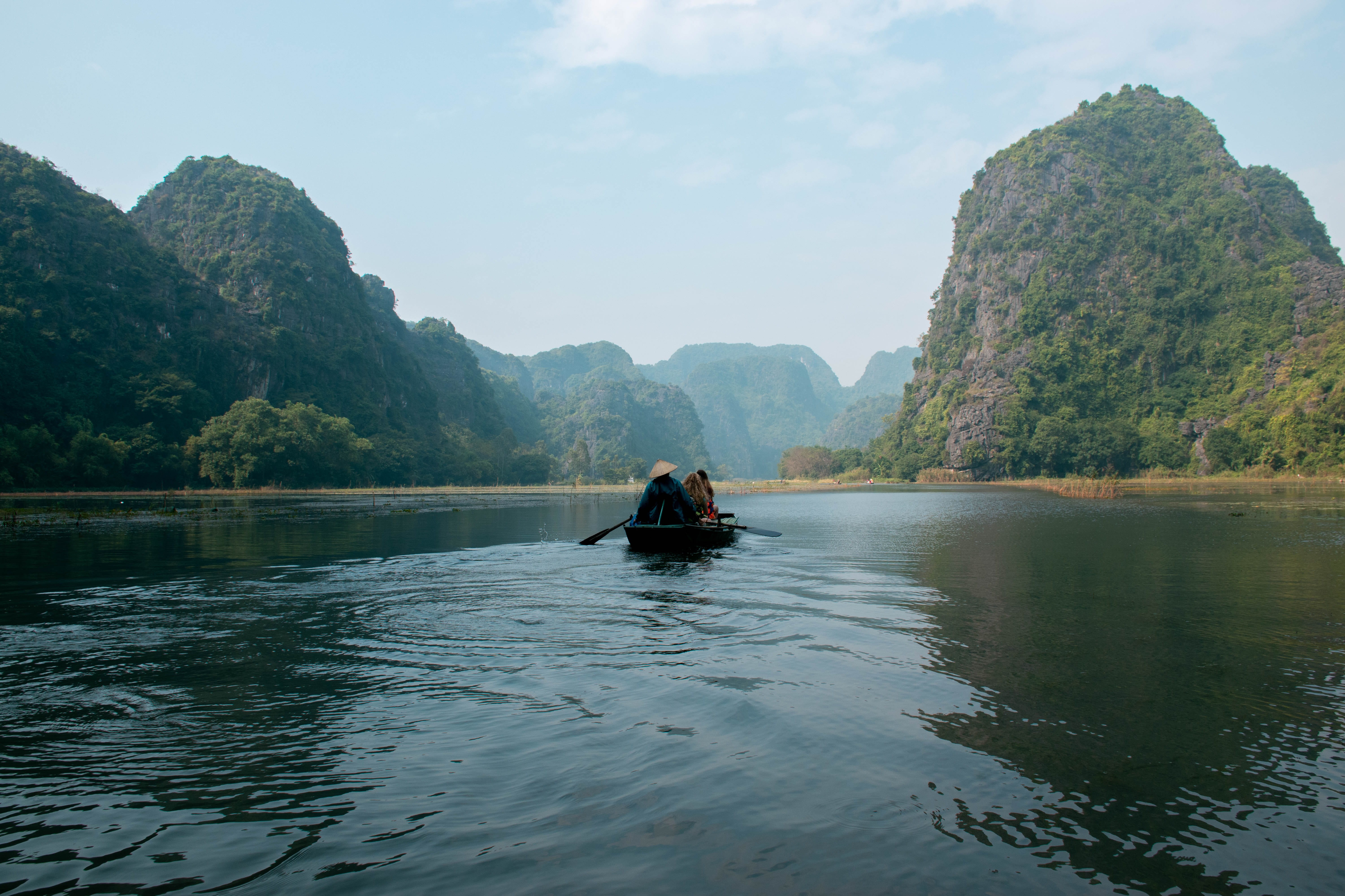 islet, 5K, waterfront, mountain range, formation, human, water, boat, scenics - nature, nautical vessel, leisure activity, non-urban scene, ninh binh, HD Wallpaper