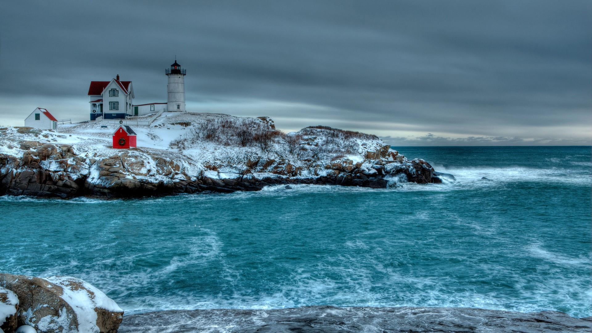 new england, sky, no people, winter, scenics - nature, sea, wave, land, united states, water, outdoors, cape neddick, rock - object, rock, guidance, built structure, HD Wallpaper