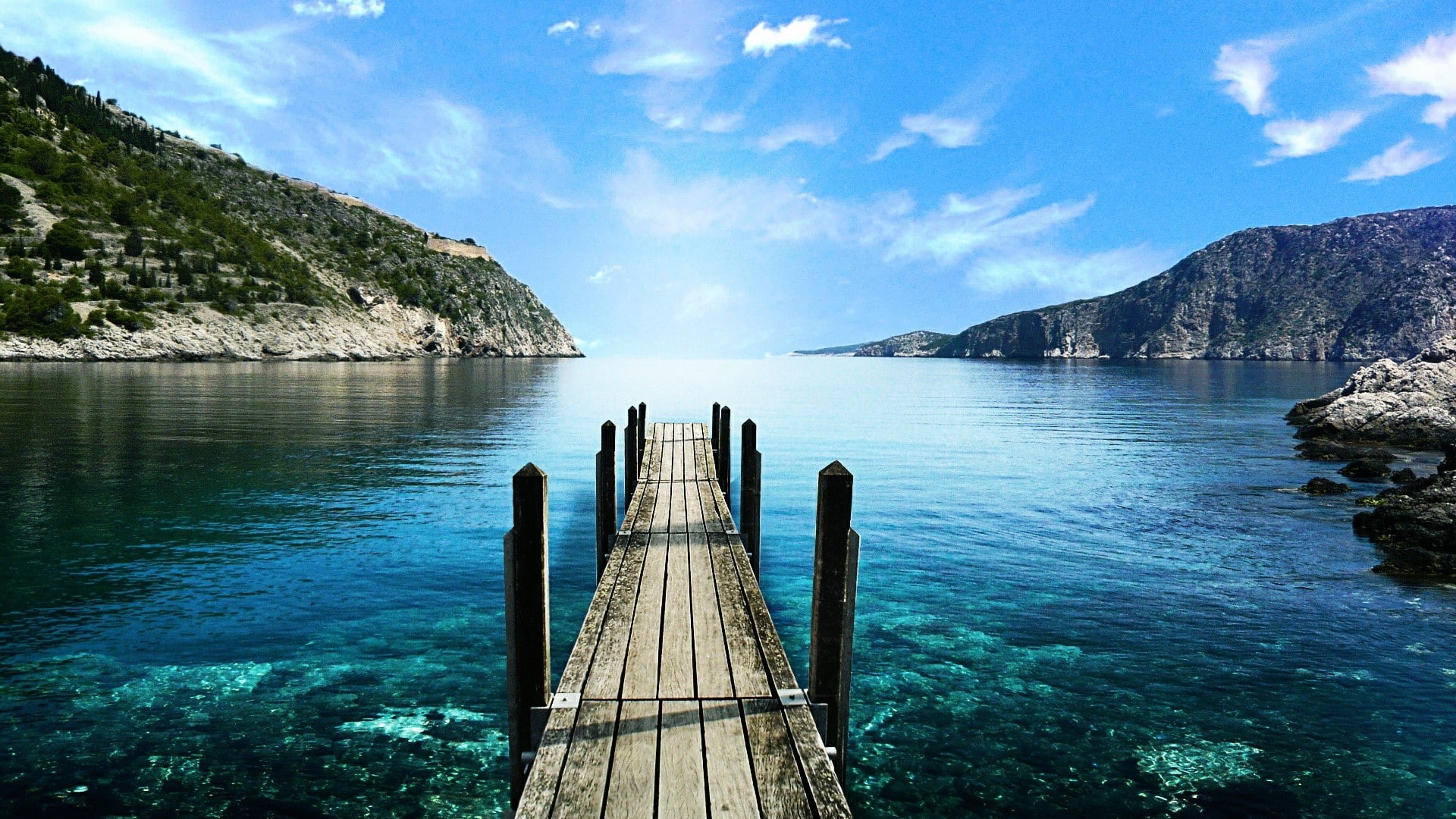 pier, water, summer, blue sky, coast, jetty, 1080P, nature, bay, sea, kefalonia, greece, sky, HD Wallpaper