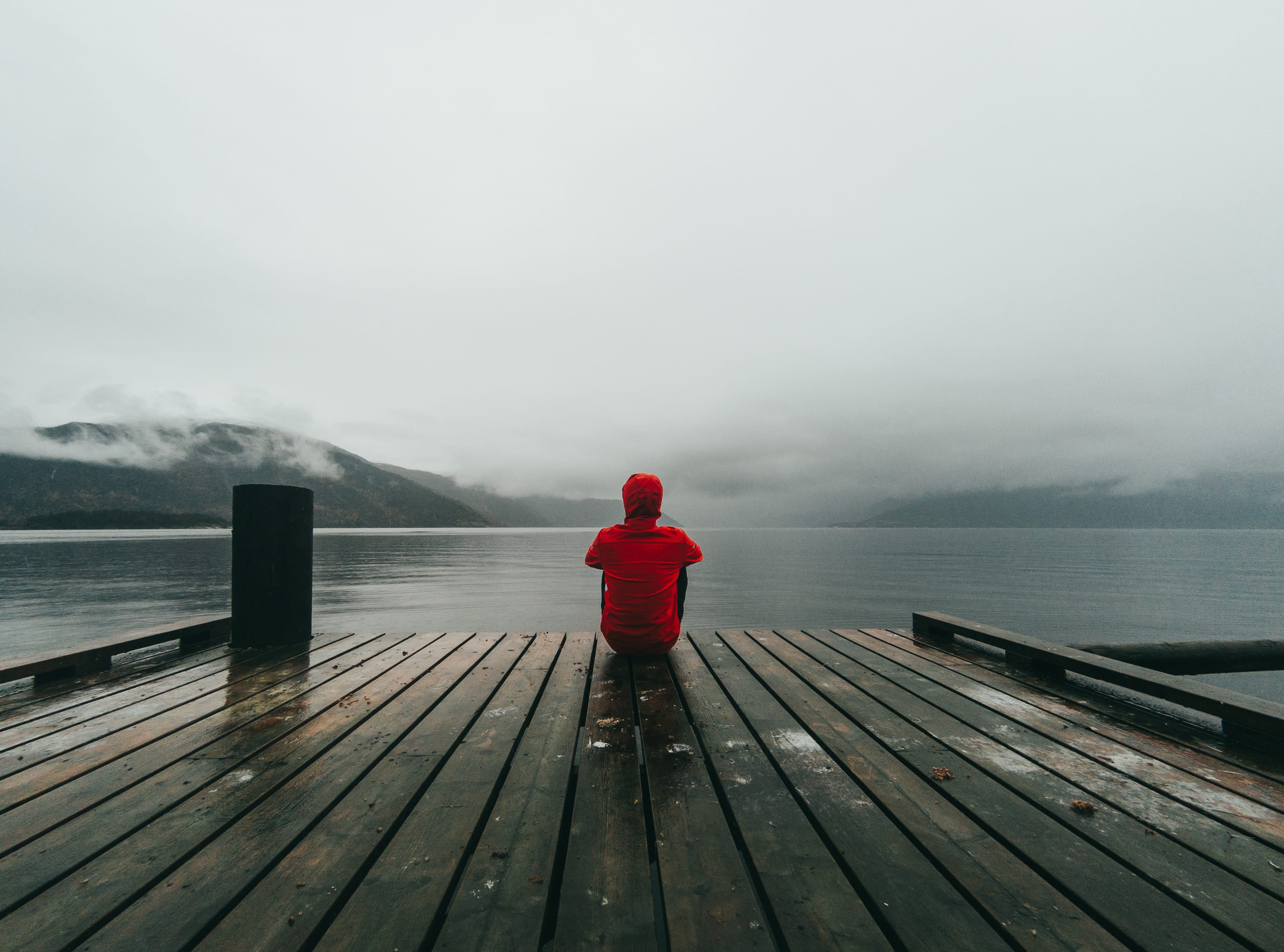 sky, person, sitting, wooden, jacket, red, lifestyles, scenics - nature, looking, wearing, non-urban scene, body, one person, day, wood - material, beauty in nature, HD Wallpaper