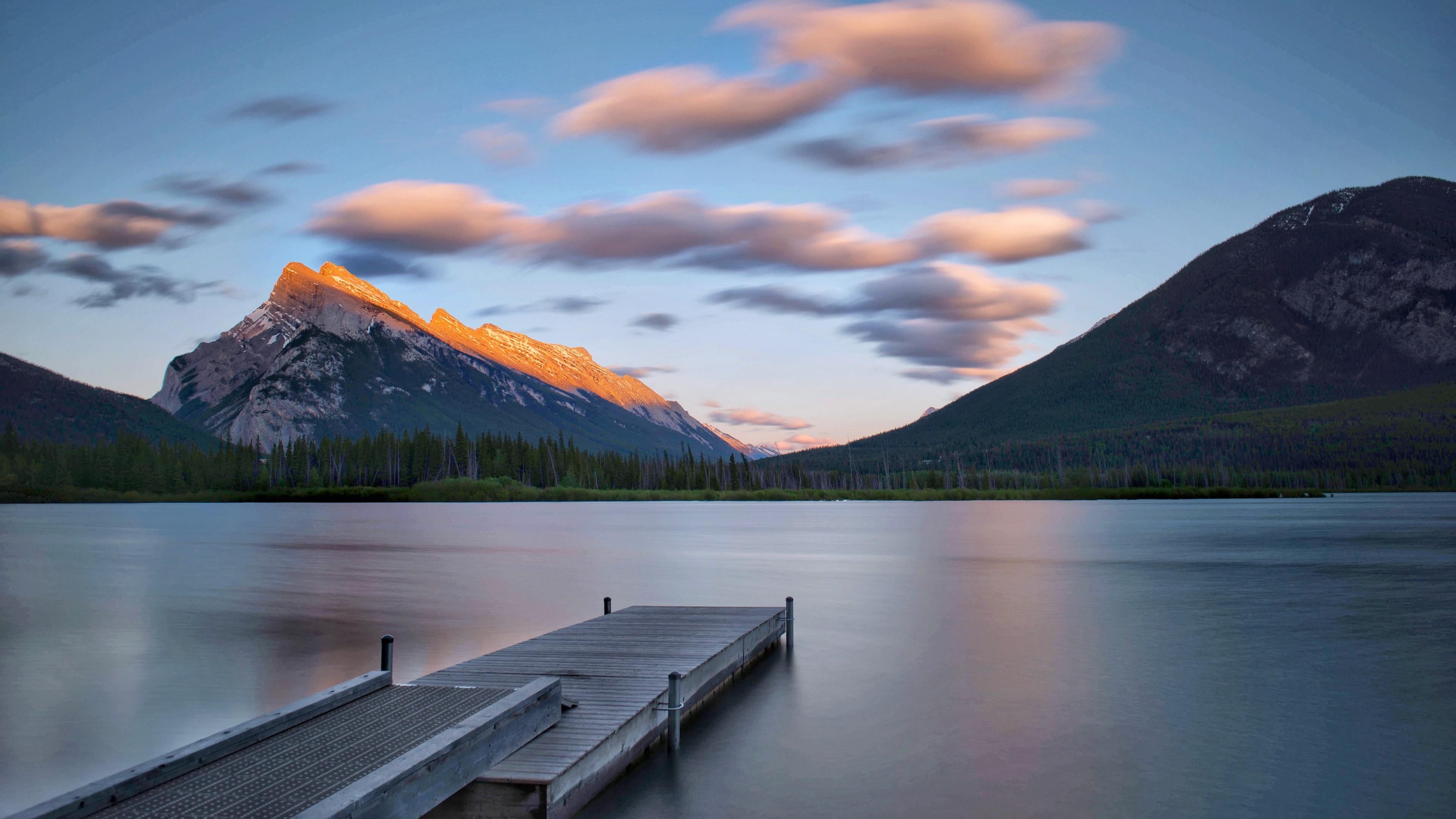jetty, tranquility, cold temperature, idyllic, beauty in nature, 4K, reflection, no people, sunset, outdoors, calmness, mountain, landscape, water, non-urban scene, HD Wallpaper