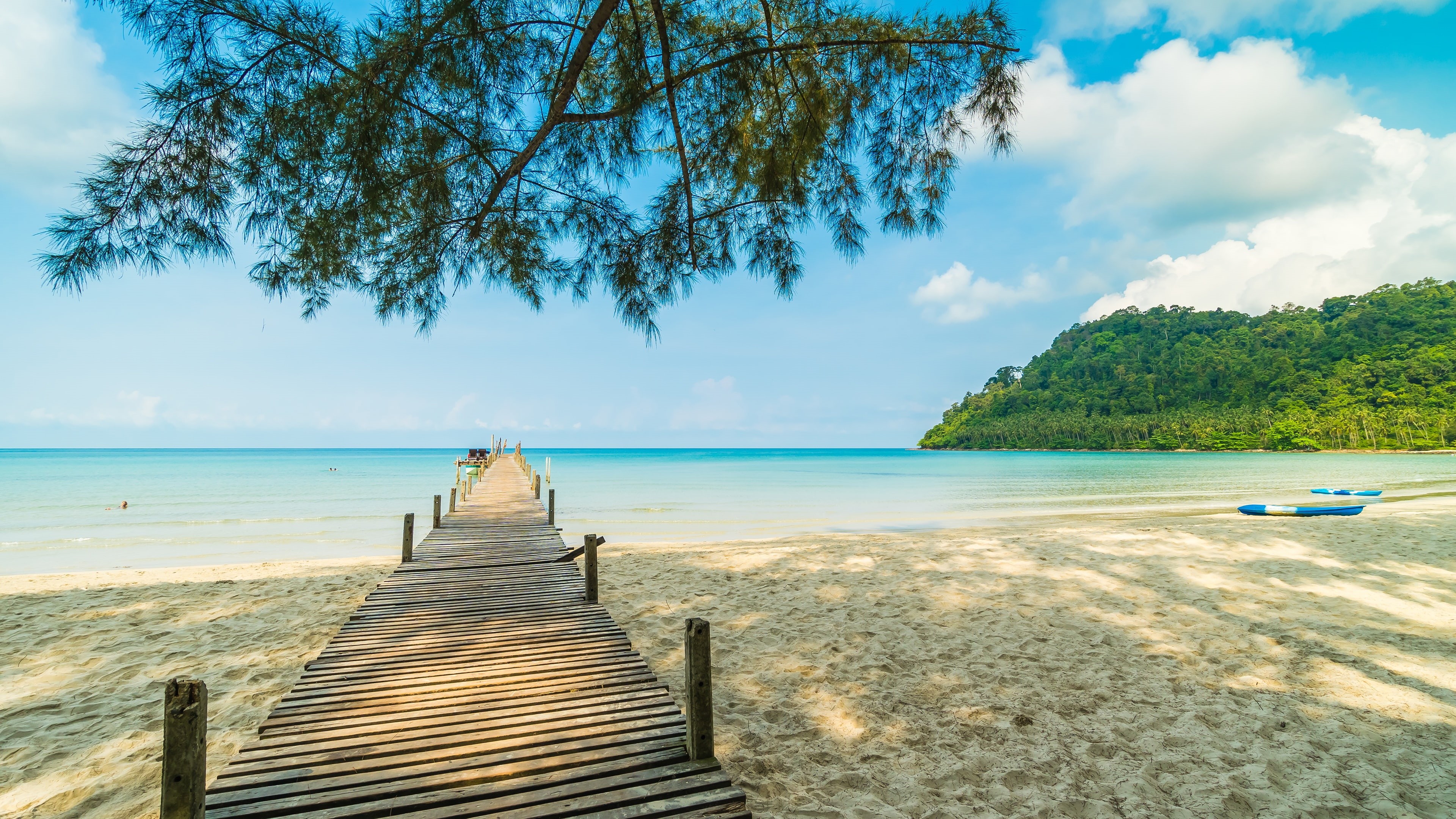 tropics, bay, lagoon, ocean, vacation, shore, sandy beach, summertime, pier, 4K, jetty, caribbean, sea, summer, beach, coast, HD Wallpaper