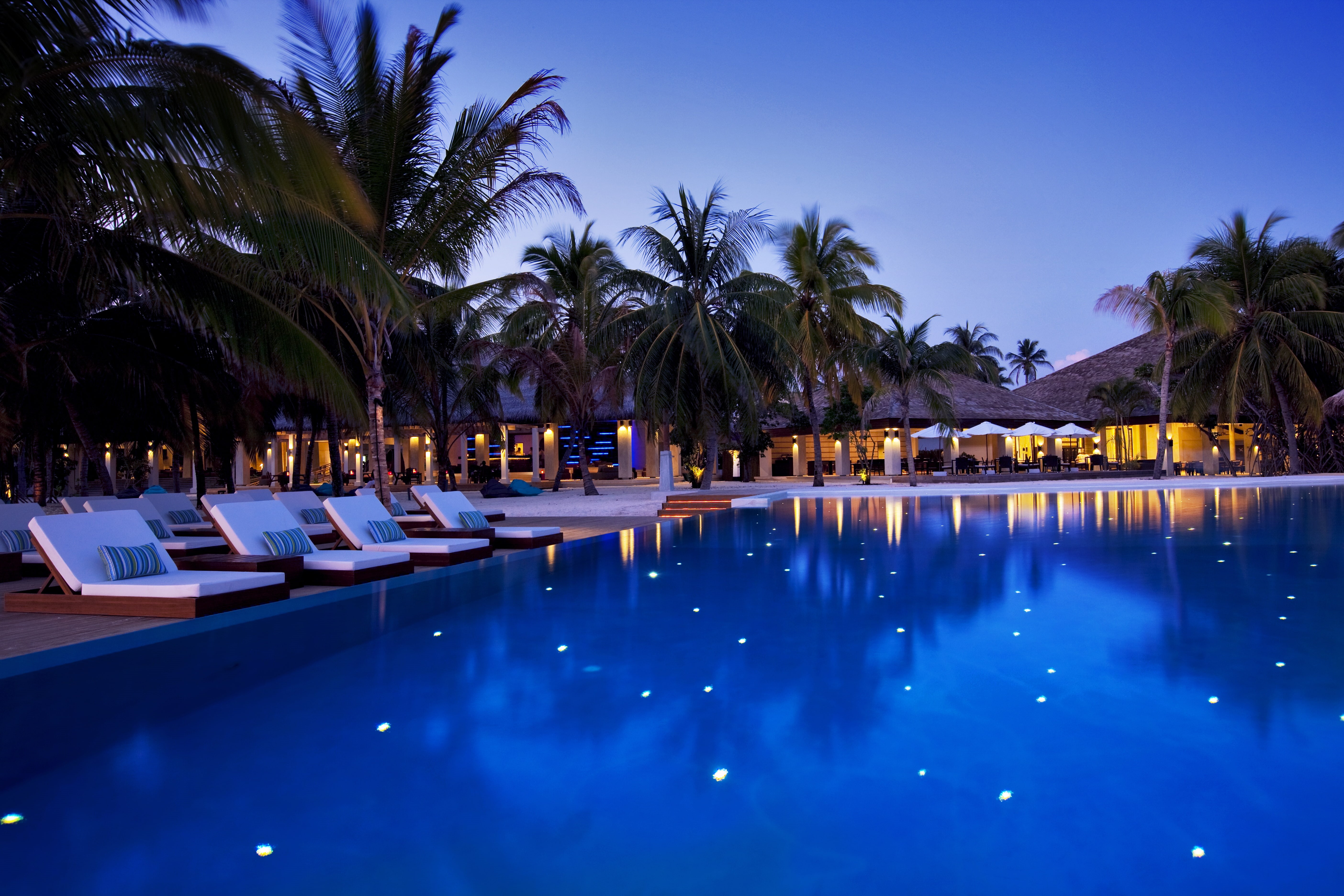 tree, beauty In Nature, luxury, palm trees, swimming Pool, tranquility, idyllic, nature, brown, travel Locations, illuminated, tourism, beach, scenics, HD Wallpaper