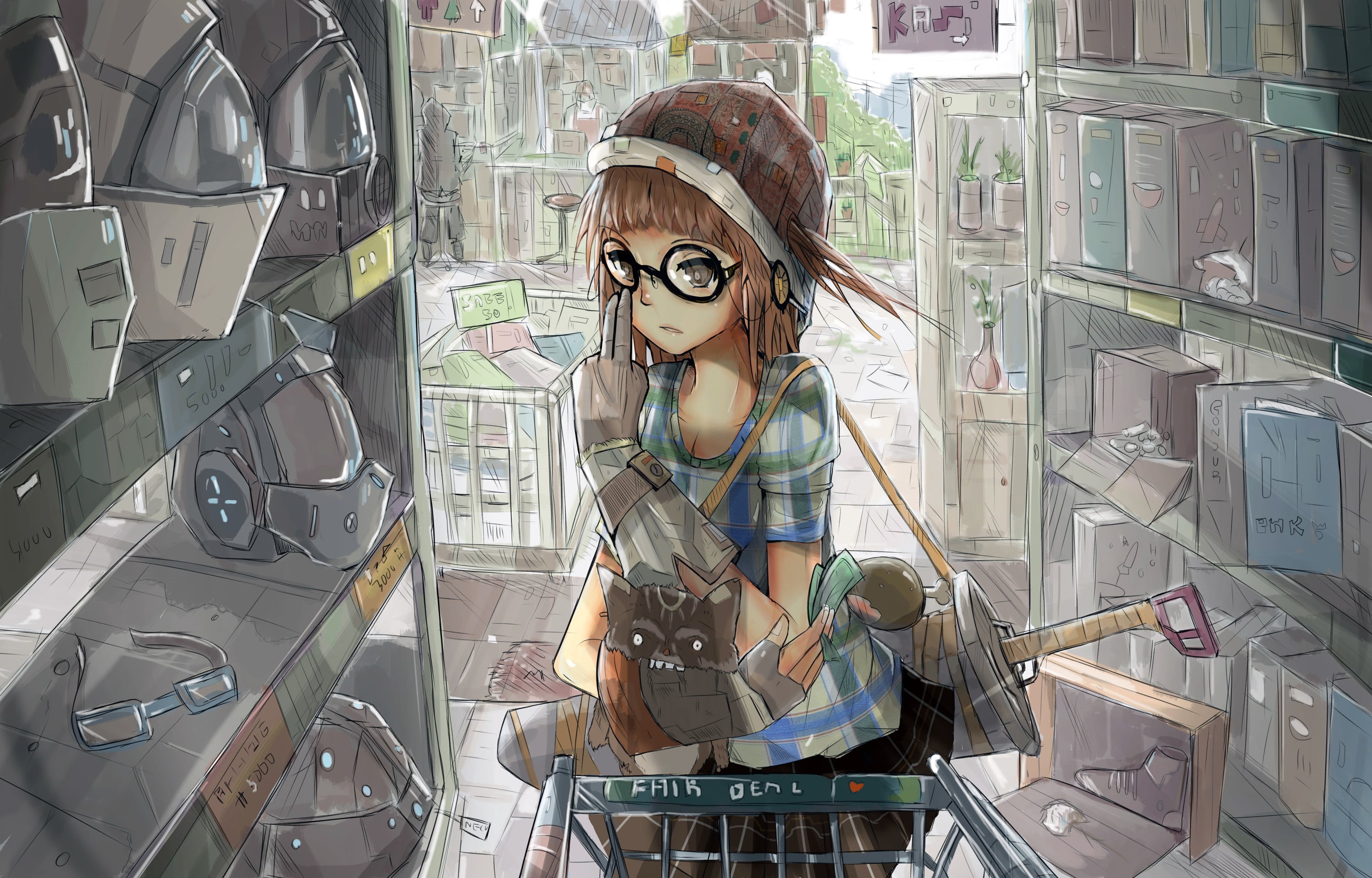 haired, anime girls, young adult, looking, anime, glasses, women, indoors, store, brown, female, window, hairstyle, lifestyles, illustration, one person, HD Wallpaper