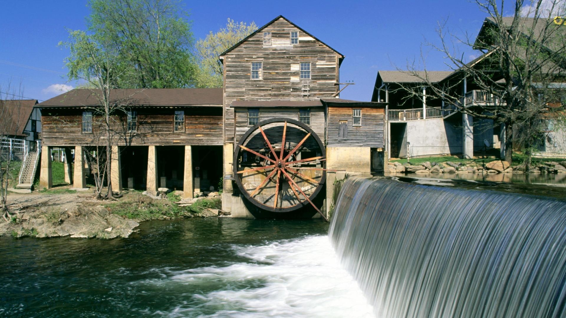 forge, 1080P, nature and landscapes, wheel, tree, mill, pigeon, old, waterfall, tennessee, HD Wallpaper