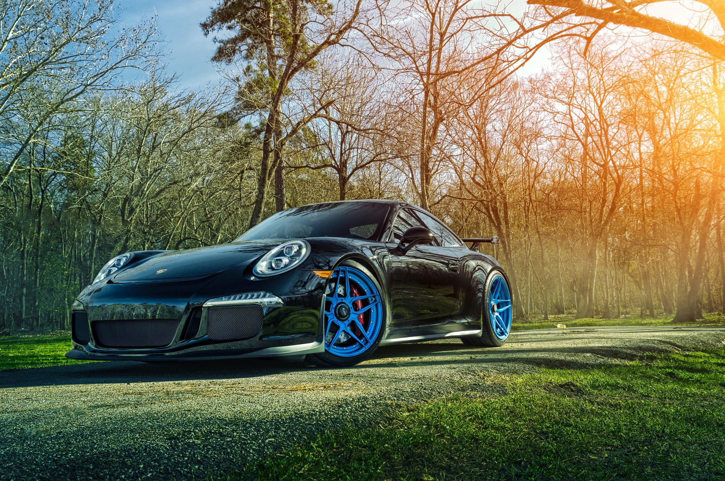 front, 1080P, s, black, gt, custom, adv, grass, Porsche, coupe, Cars s, Forged, sun, GT3, ADV.1, 911, wheels, HD Wallpaper