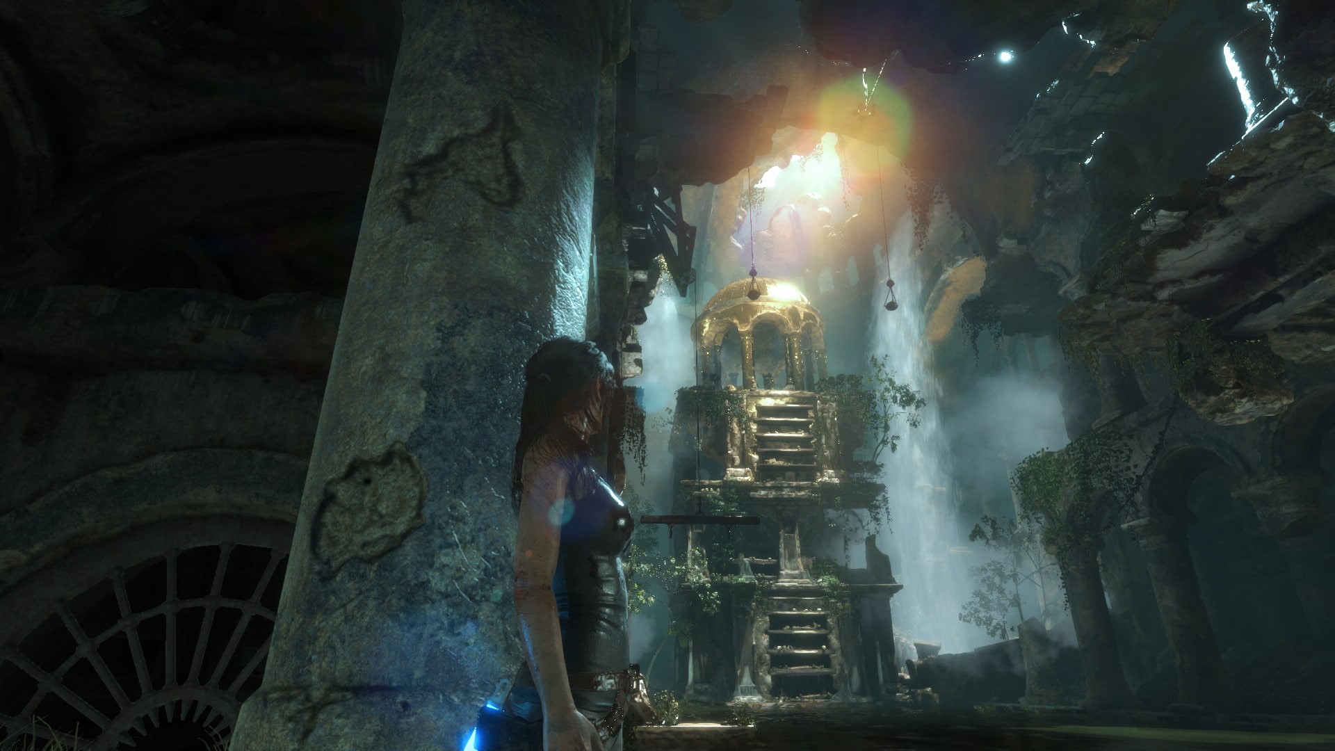 outdoors, rock, rock formation, 1080P, Lara Croft, adult, nature, real people, building, Tomb Raider, travel destinations, waterfall, standing, Rise of the Tomb Raider, HD Wallpaper