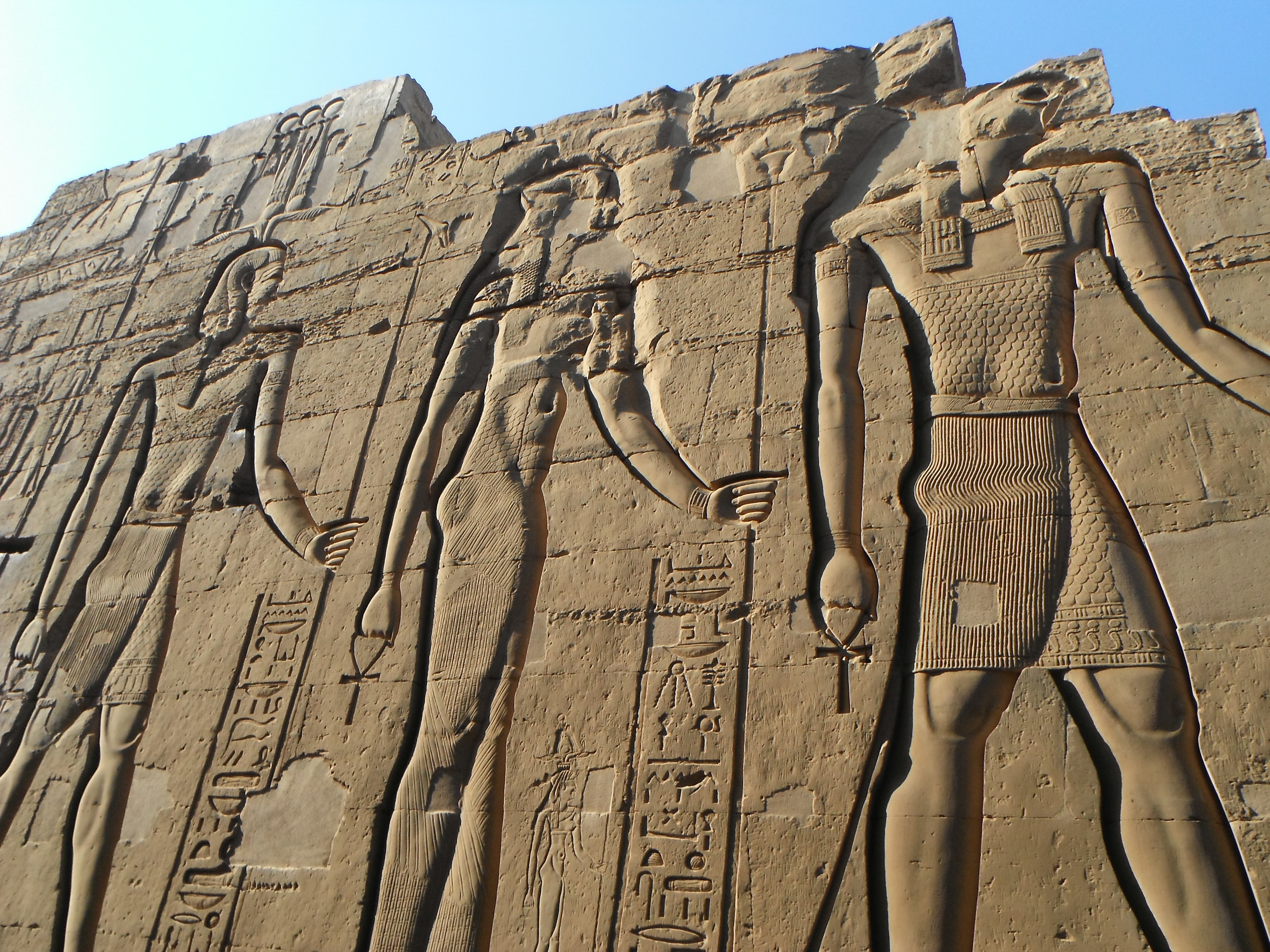 4K, male likeness, art and craft, hieroglyphics, pharaoh, gods, temple, nature, sculpture, human representation, craft, the past, sunlight, archaeology, HD Wallpaper