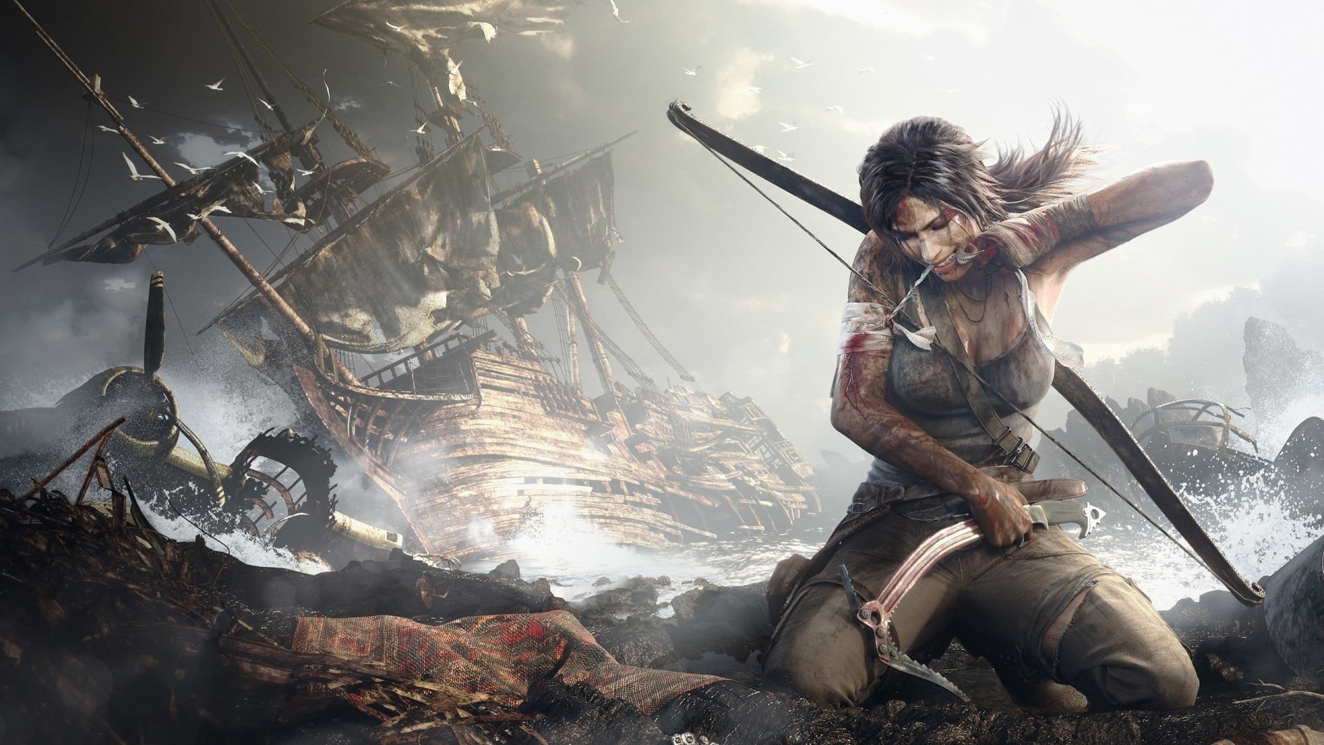 hunter, Lara Croft, wreck, Tomb Raider, bow, 1080P, people, mammal, transportation, mode of transportation, domestic, video games, livestock, digital, HD Wallpaper