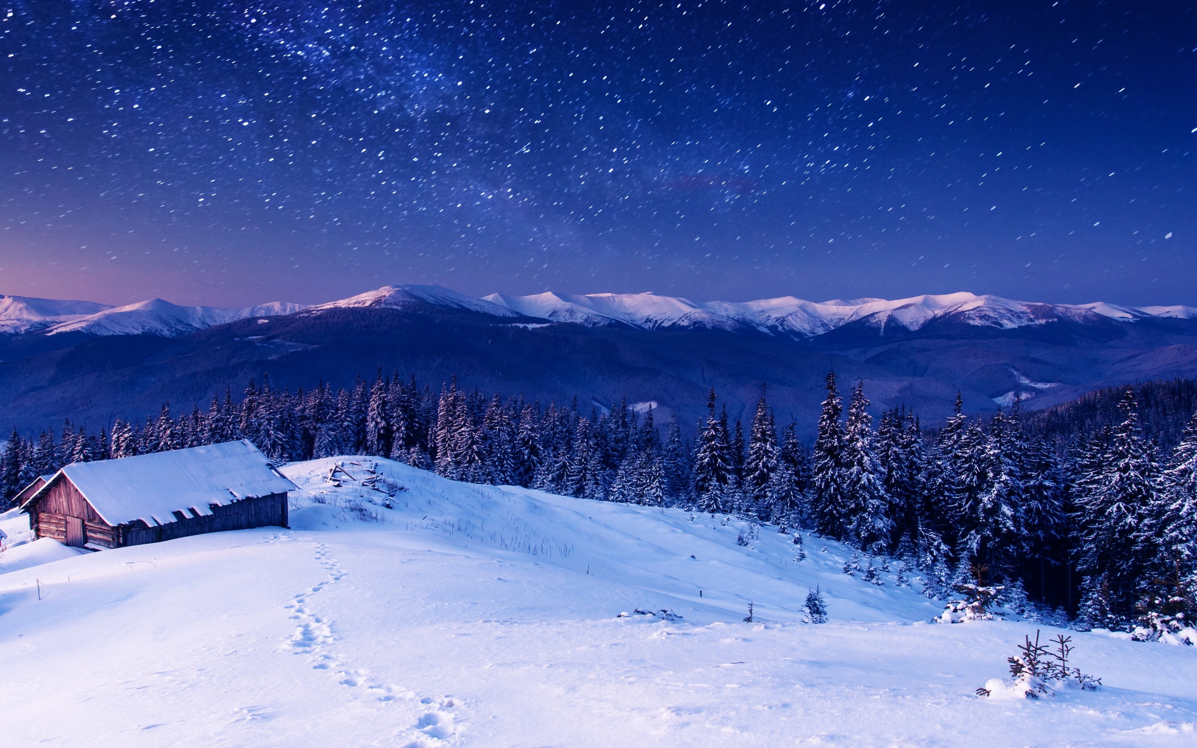 path, white, tranquil scene, scenics - nature, nature, snowcapped mountain, white color, tranquility, stars, mountains, mountain, 4K, mountain peak, winter, HD Wallpaper