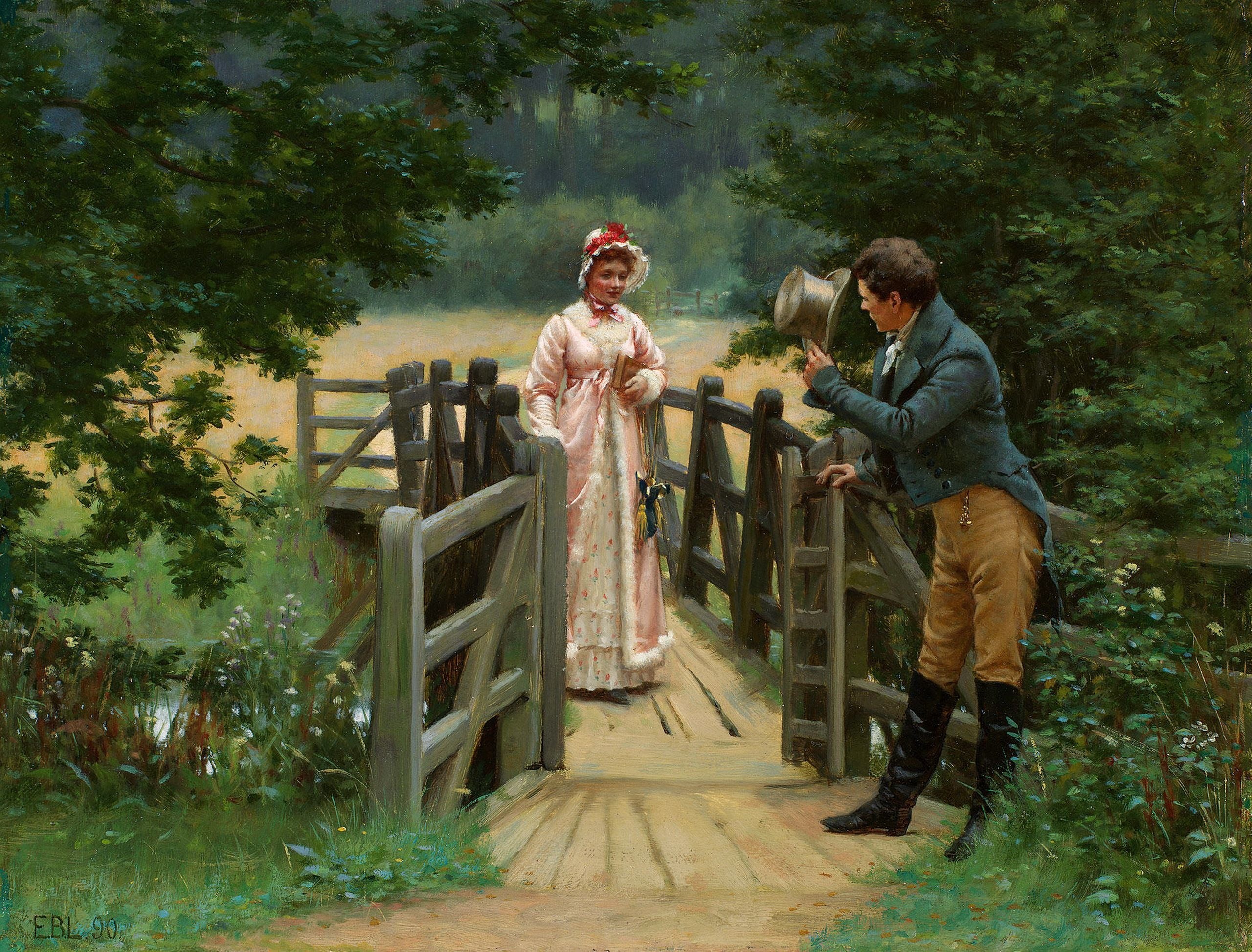woman, girls, nature, bridge, fan, romance, enjoyment, Pre-Raphaelite, father, smiling, English painter, males, plant, emotion, cheerful, females, 19th century, HD Wallpaper