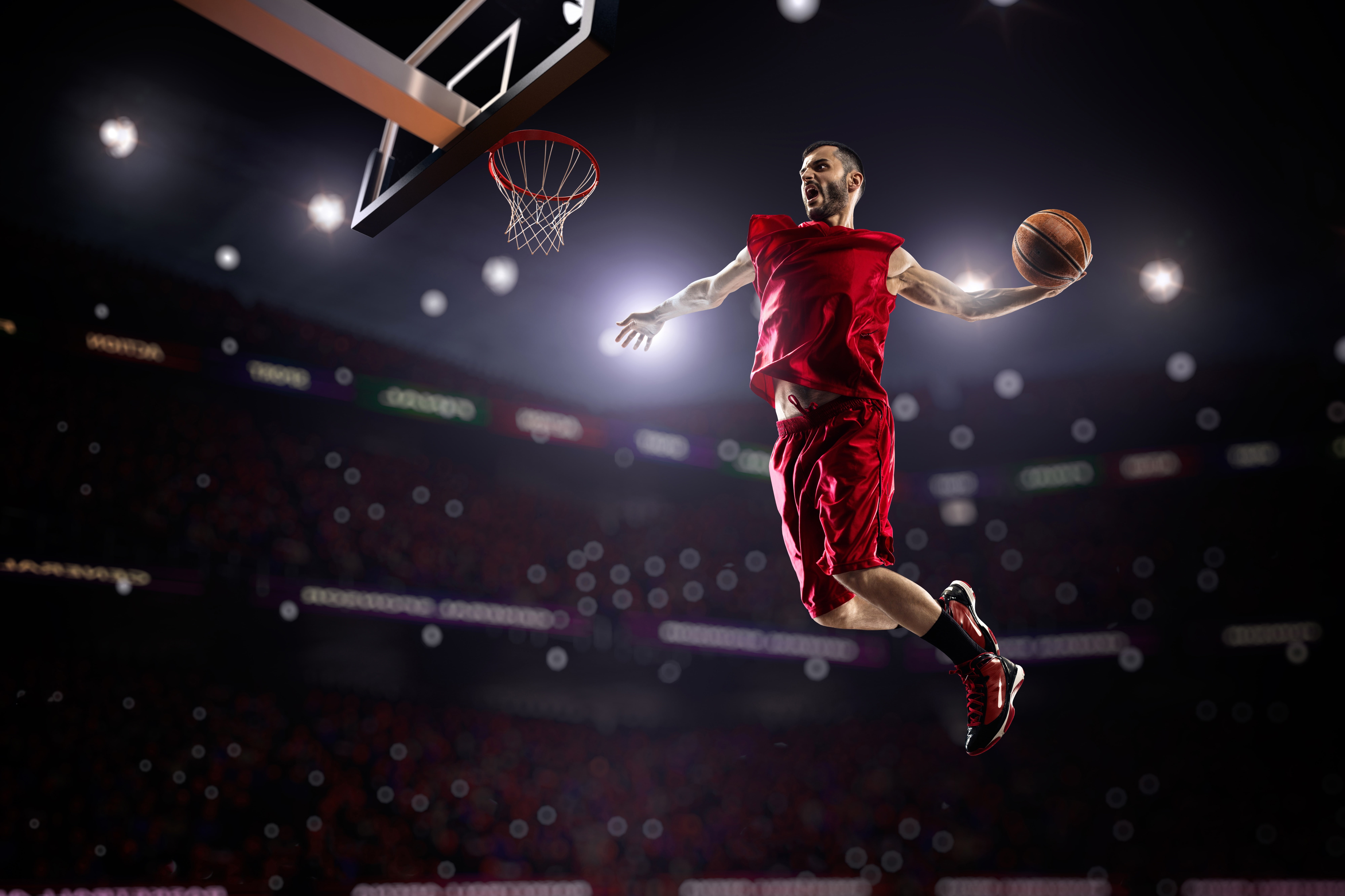 ring, shorts, basketball, bokeh, jump, the game, lights, sport, basketball player, athlete, the ball, sneakers, in red, Mike, male, uniform, 8K, tribune, HD Wallpaper