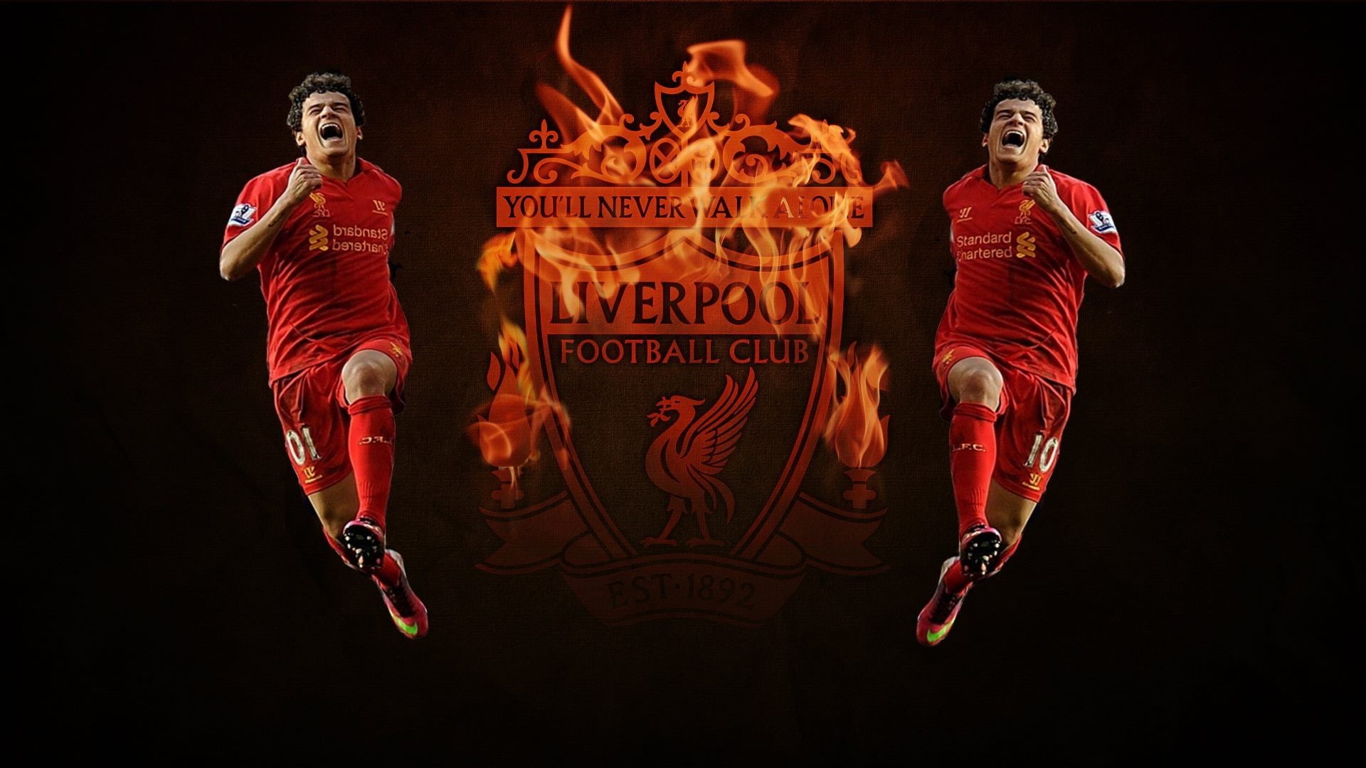 Philippe Coutinho, fire - natural phenomenon, motion, people, text, event, 1080P, indoors, red, full length, Liverpool FC, sport, young adult, illuminated, HD Wallpaper