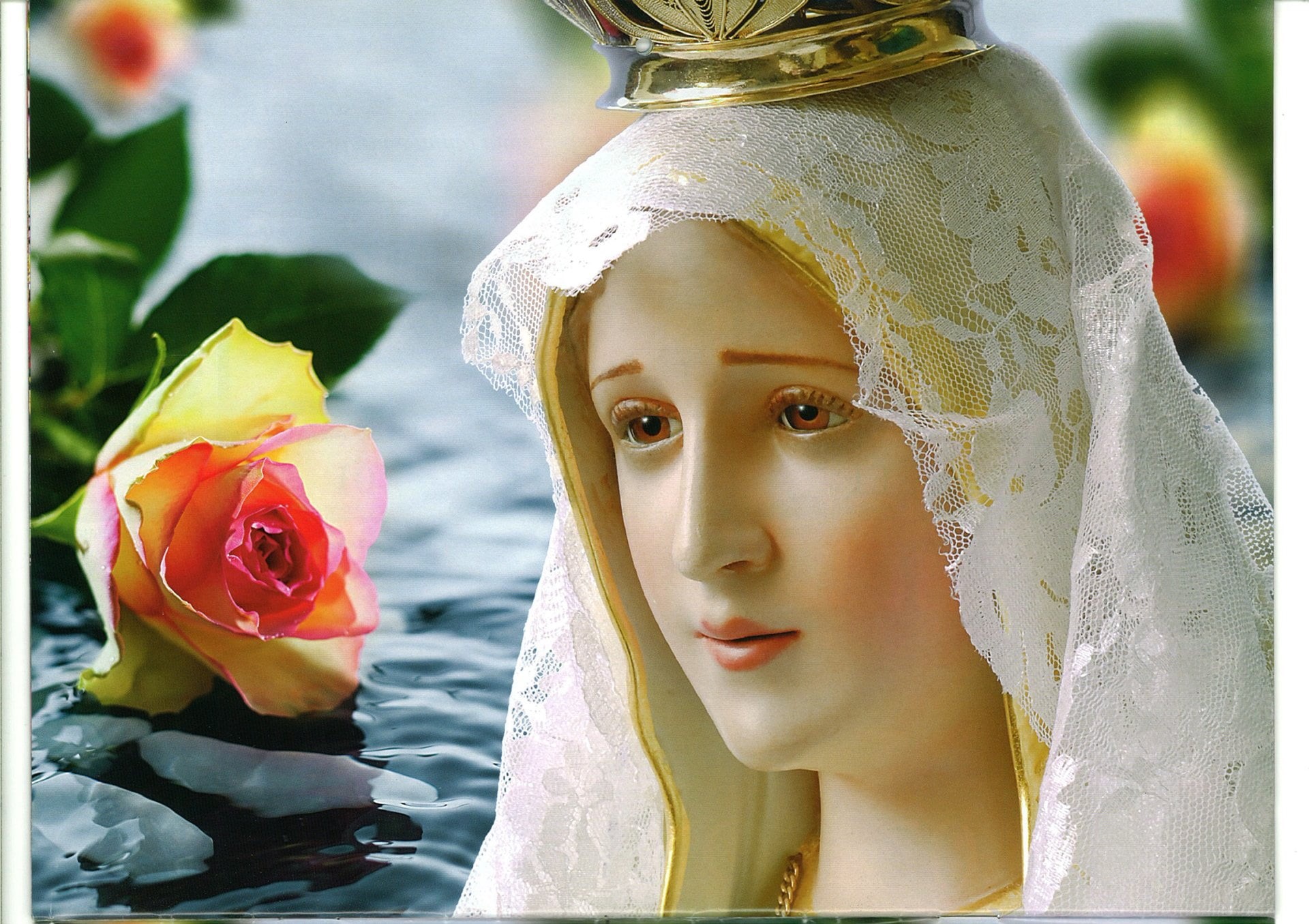 human representation, focus on foreground, women, flower, Jesus, sculpture, portrait, nature, celebration, Religious, Nossa Senhora De Fatima, flowering plant, HD Wallpaper