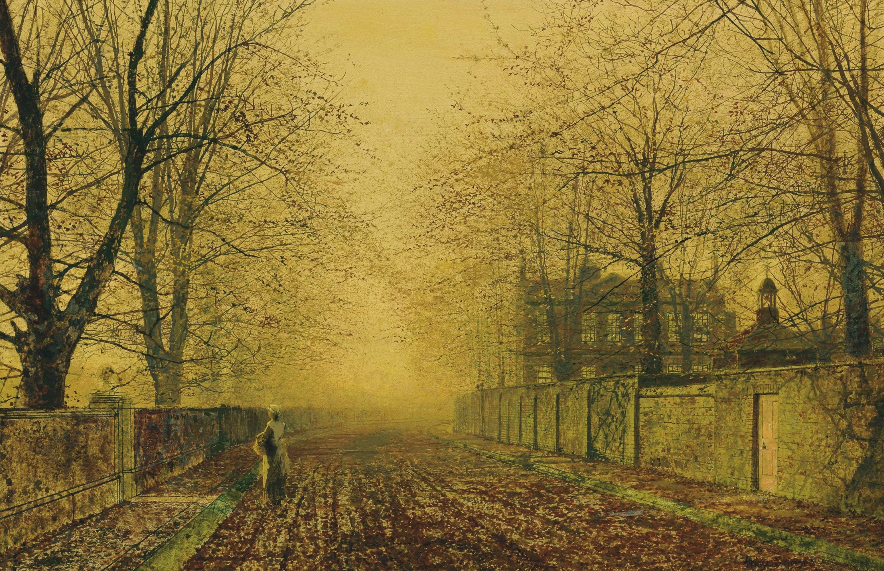 2K, girl, house, trees, Under The Beeches, the fence, street, picture, landscape, fog, John Atkinson Grimshaw, HD Wallpaper