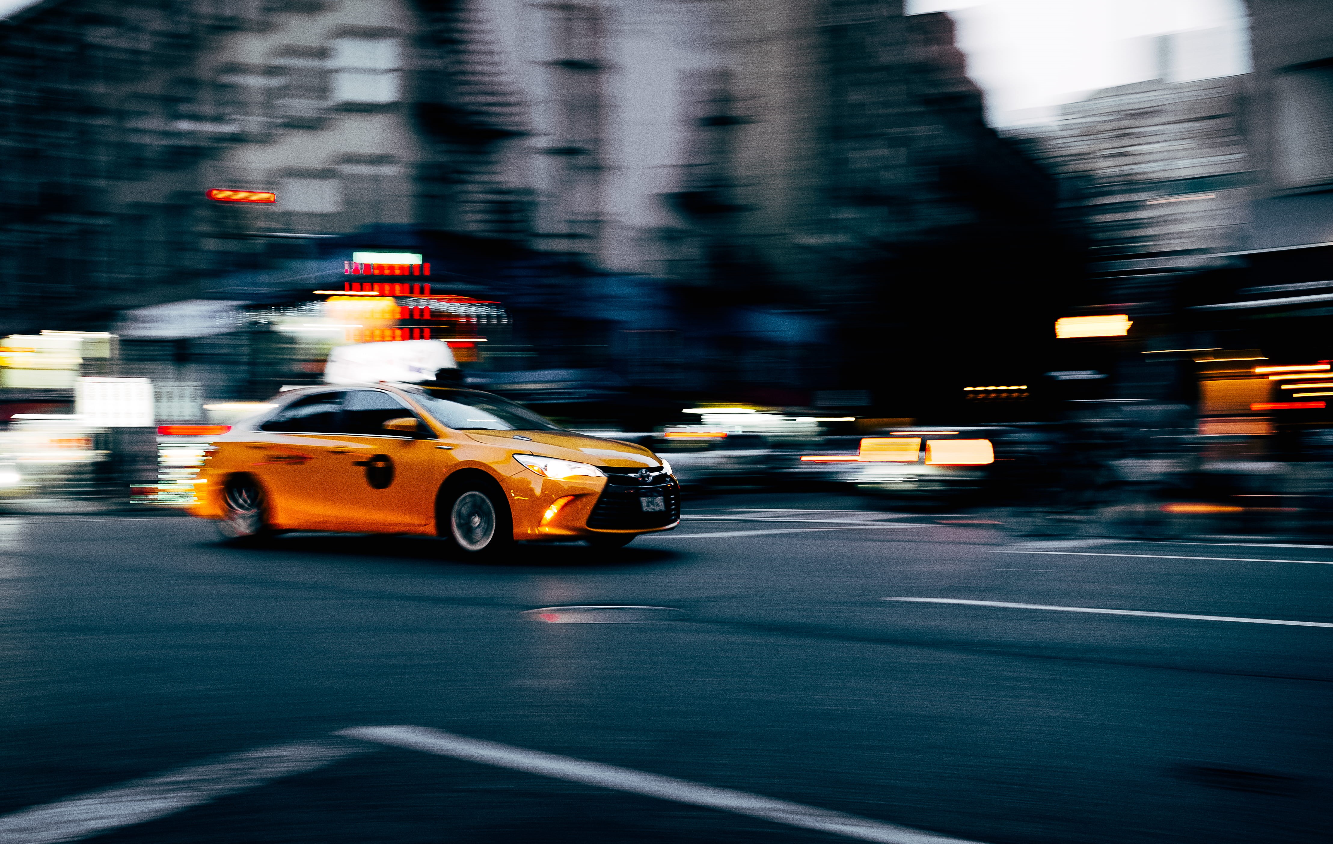 car, building exterior, speed, time, coupe, illuminated, motor vehicle, lapse, taxi, urban, outdoors, mode of transportation, orange, city, photography, HD Wallpaper