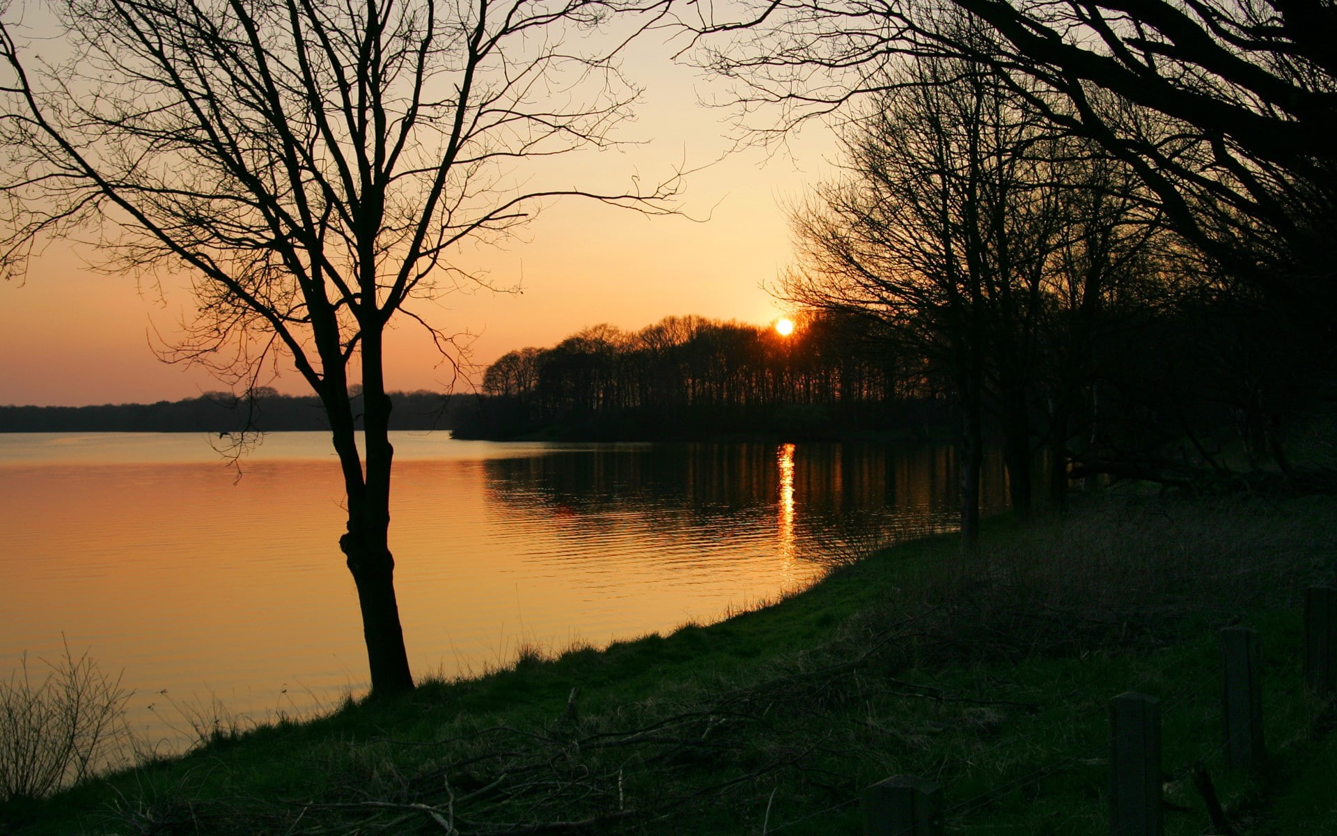 landscape, lake, sunset, 1080P, trees, dappled sunlight, HD Wallpaper