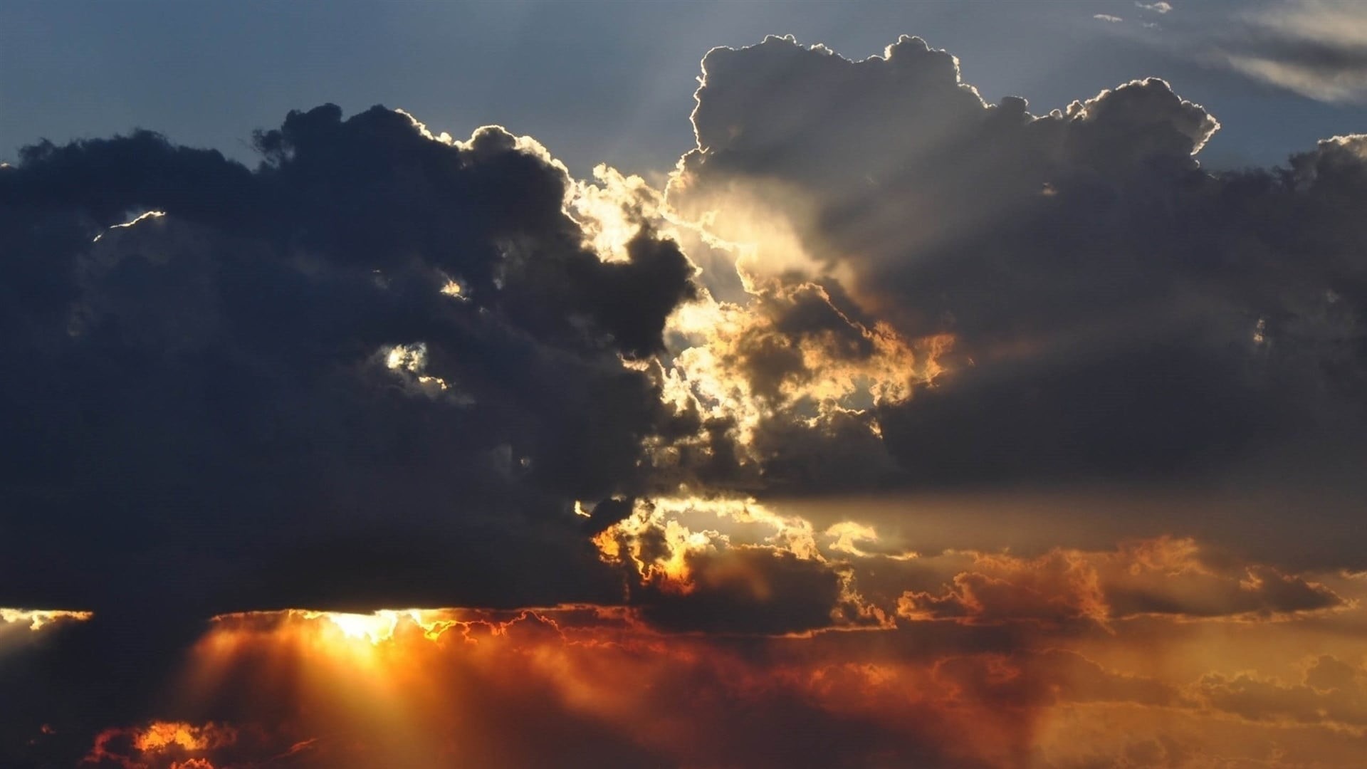 outdoors, meteorology, sun rays, storm, beauty in nature, sunbeam, bright, sky, 1080P, majestic, cloud - sky, orange color, idyllic, low angle view, no people, HD Wallpaper