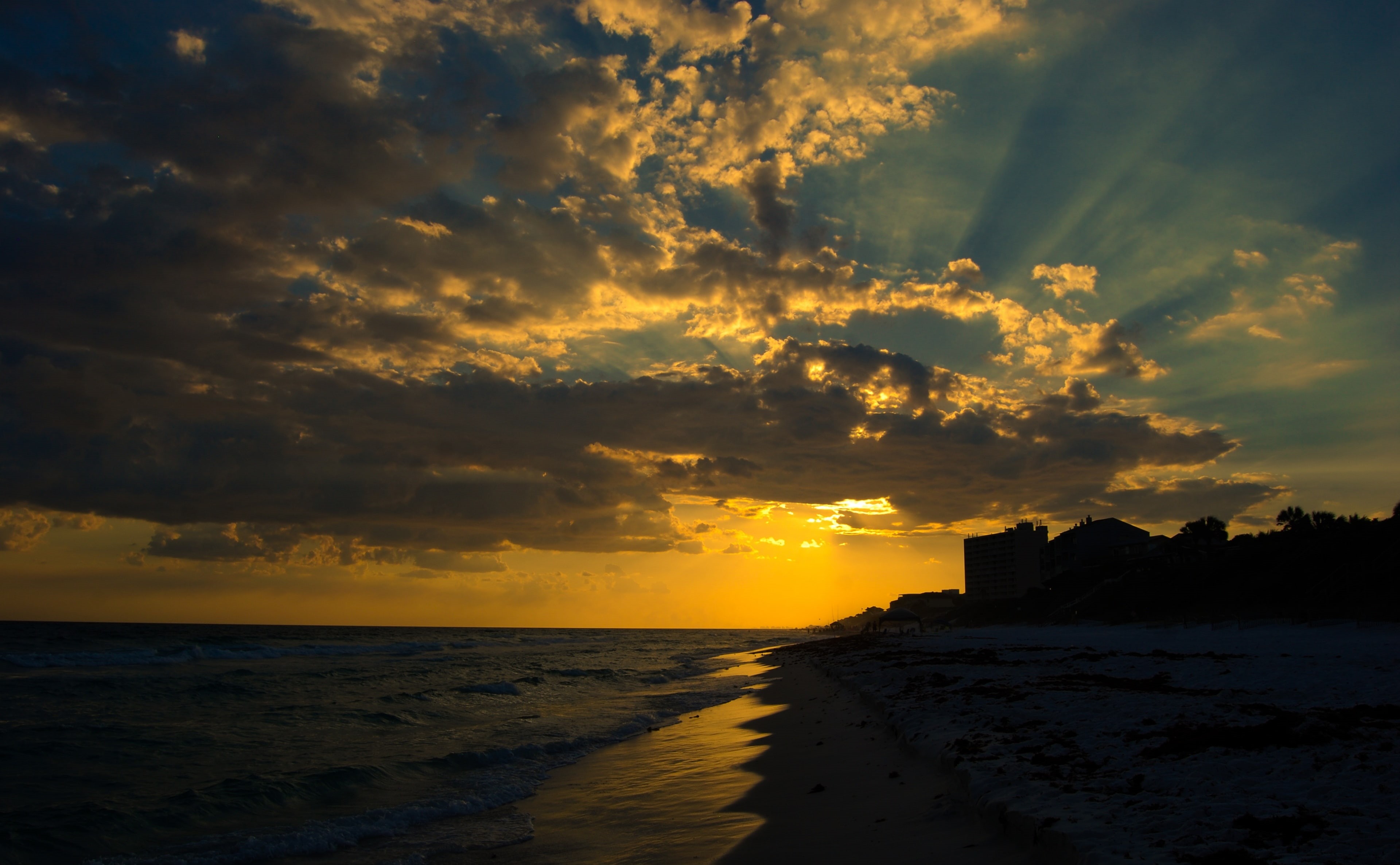 sun rays, Florida, cloud - sky, 4K, rays, land, Beach, horizon over water, sky, Clouds, orange color, water, horizon, outdoors, built structure, Seagrove, HD Wallpaper