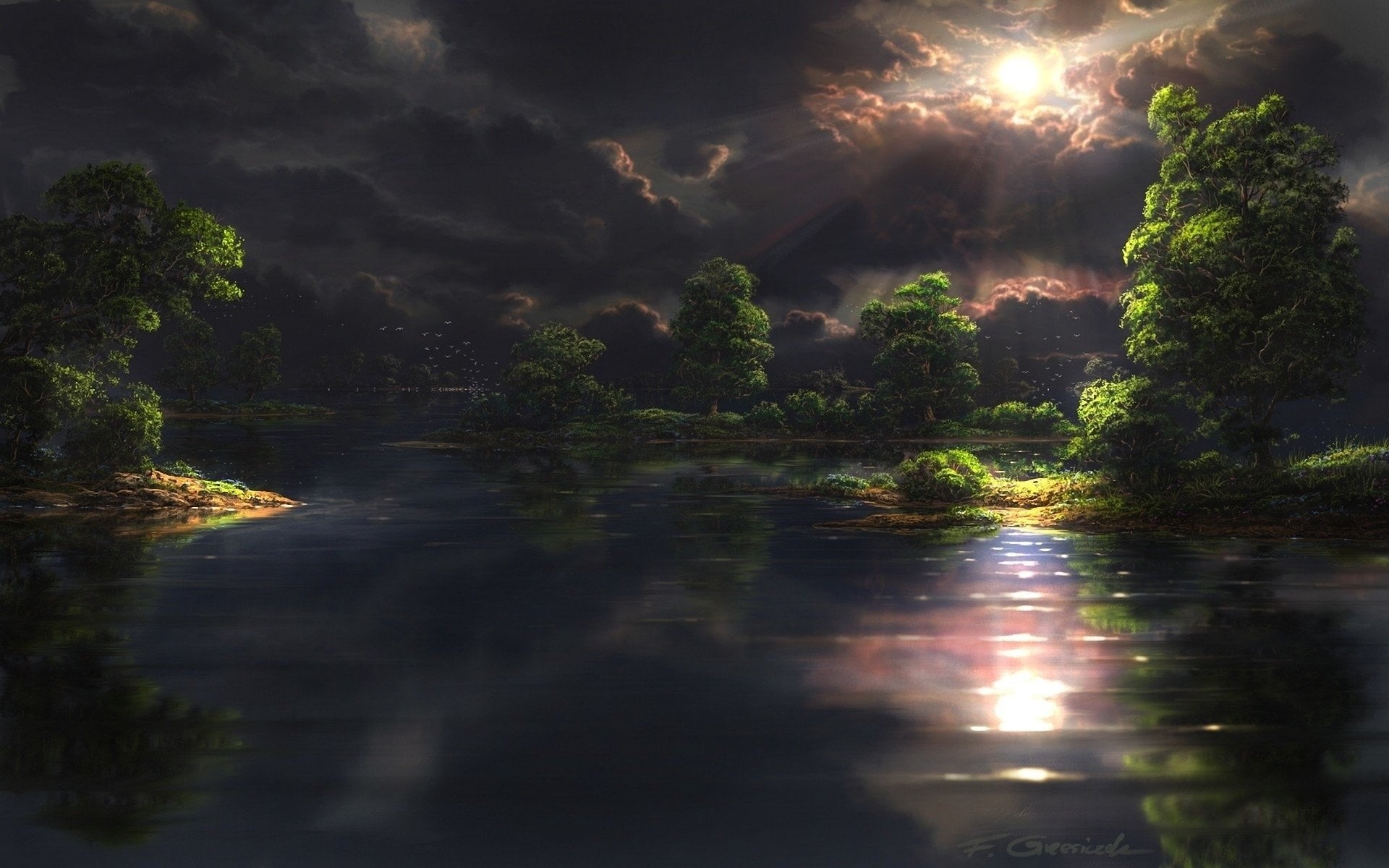 Fantasy, tree, Landscape, forest, beauty in nature, cloud - sky, growth, tranquil scene, waterfront, tranquility, reflection, nature, sky, no people, HD Wallpaper