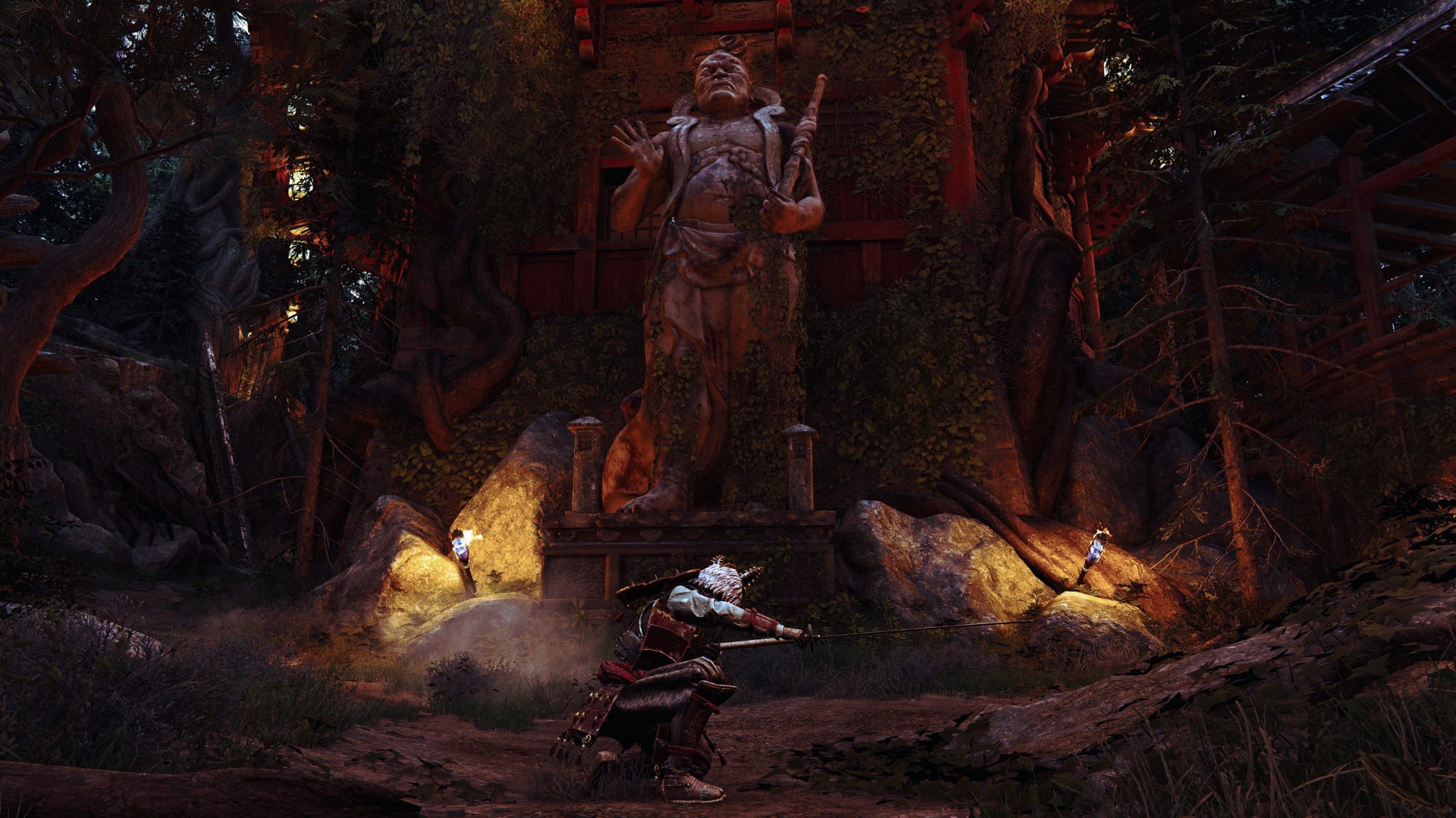 katana, creativity, representation, samurai, outdoors, night, blades, male likeness, people, plant, nature, statue, men, architecture, tree, human representation, HD Wallpaper