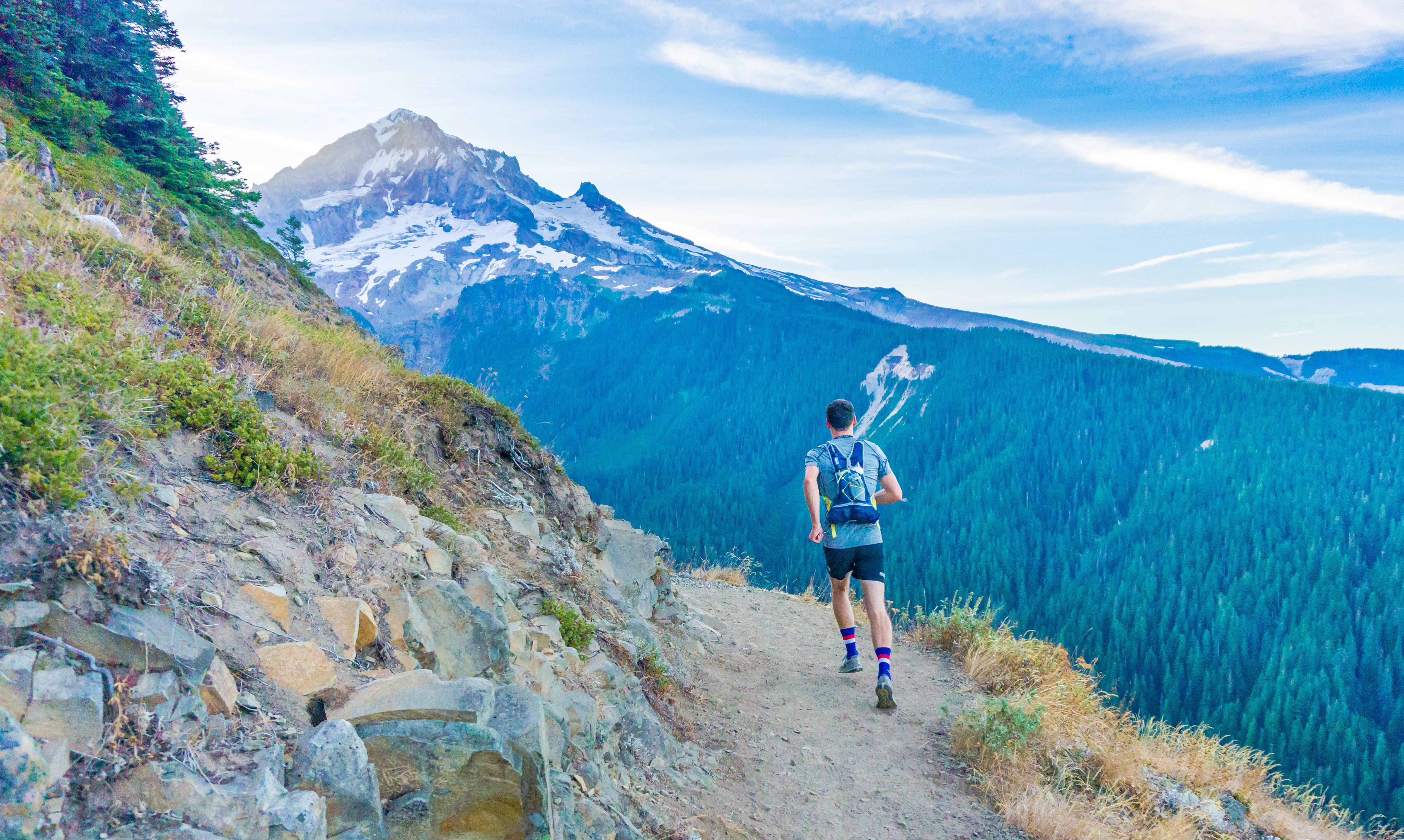 outdoor, running, sky, full length, nature, scenics - nature, clear, trailrunning, exercising, edge, mountain range, forest, backpack, fitness, cliff, sport, HD Wallpaper