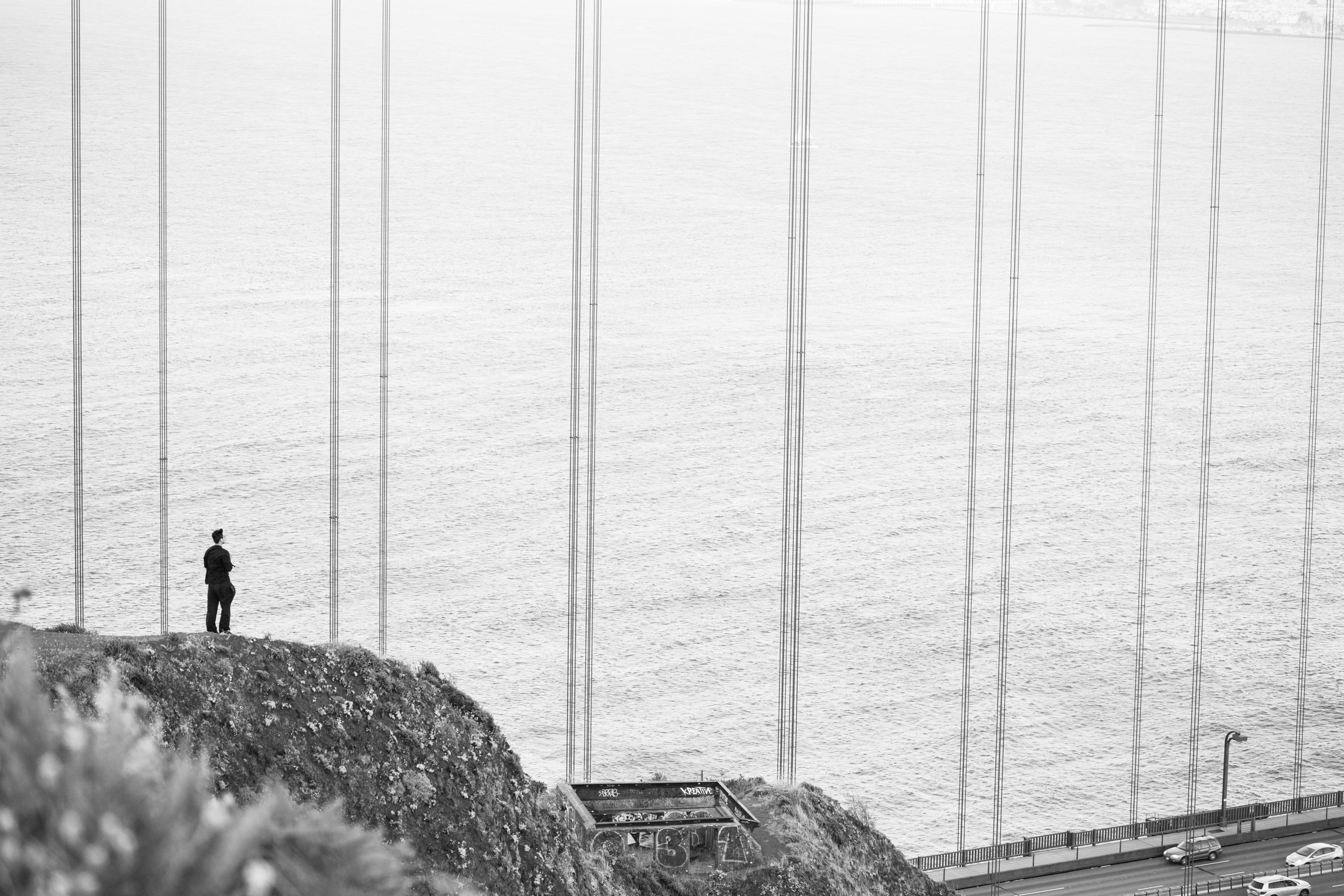 standing, beauty in nature, suicide, solitude, adventure, Stands, feelings, Edge, guy, room for text, near, full length, water, sad, ggb, minimalist, black And White, HD Wallpaper