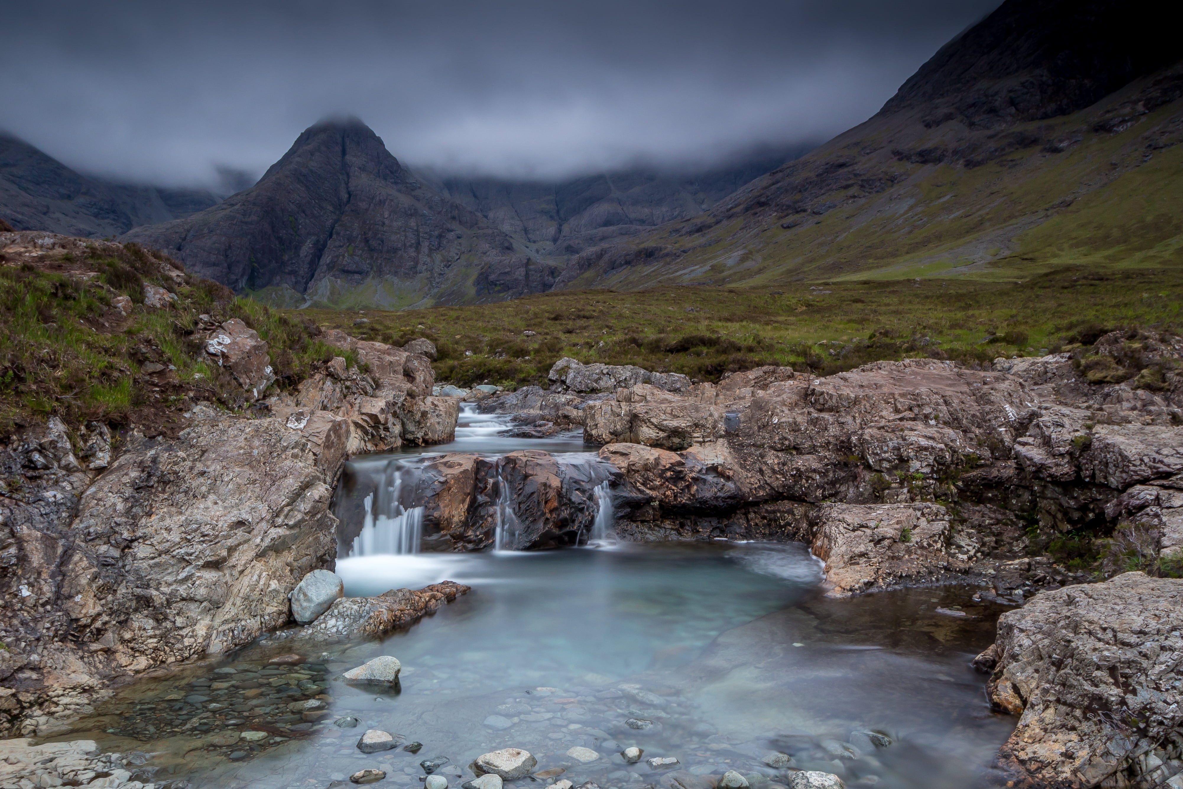 mountain, Scotland, water, photo, river, green, Skye, scenics, canon, landscape, rocks, fairy  pools, 4K, waterfall, nature, Kayleigh, iceland, rivers, HD Wallpaper