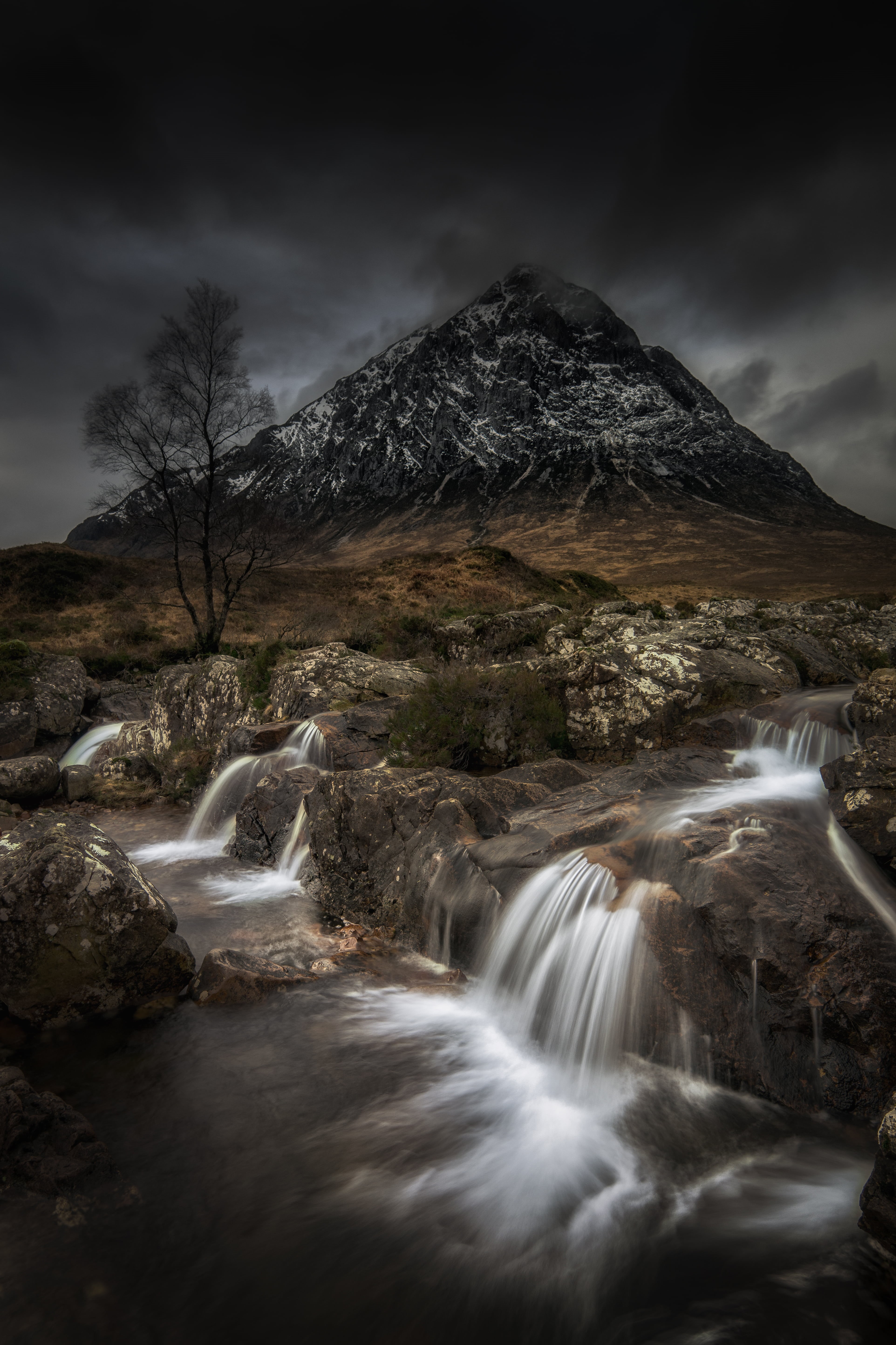 andi, scotland, Waterfall, green, graphic, river, outdoors, beauty In Nature, highlands, 5K, black, scenics, stream, landscape, mountains, jones, campbell, Phone HD Wallpaper