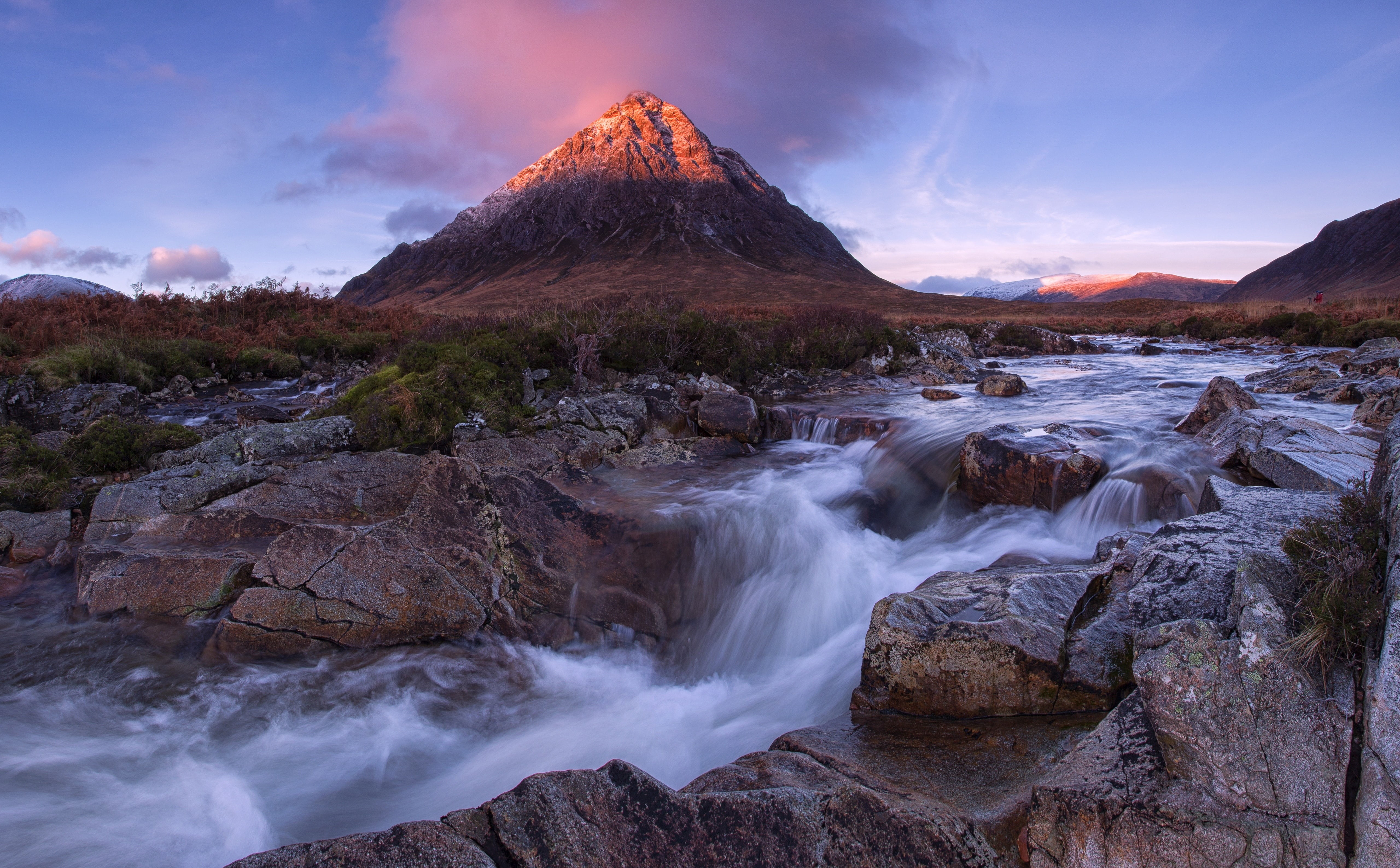 waterfall, westhighlands, Scotland, mountain, geology, landscape, etive, Coupall, volcano, flowing, Sunrise, no people, Europe, rivercoupall, Nature, rock, HD Wallpaper