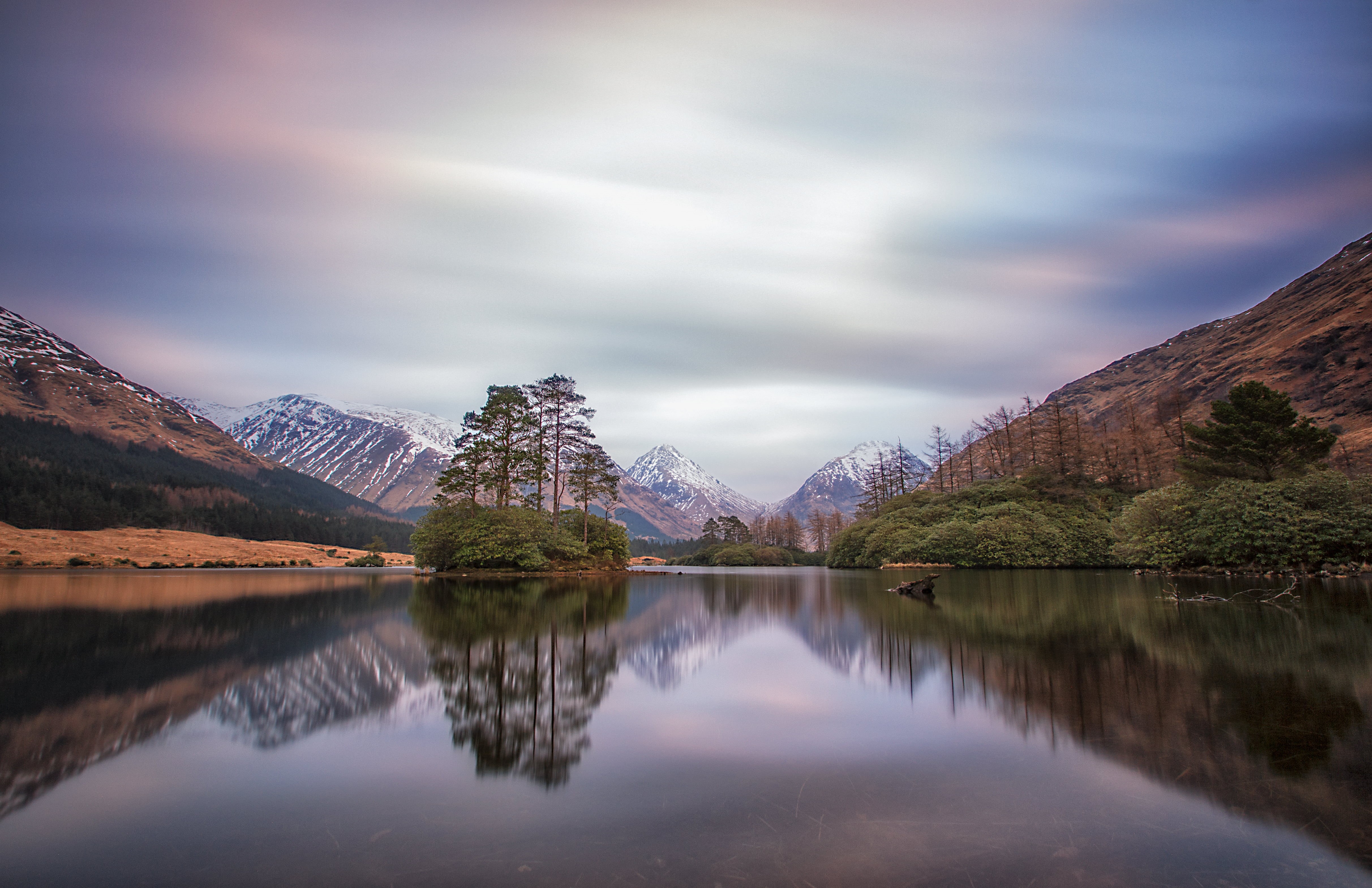 beauty In Nature, mountain Range, 4K, nature, reflections, body of water, morning, mountain, cloudy, tree, reflection, West Highlands, sky, Buachaille Etive Mor, HD Wallpaper