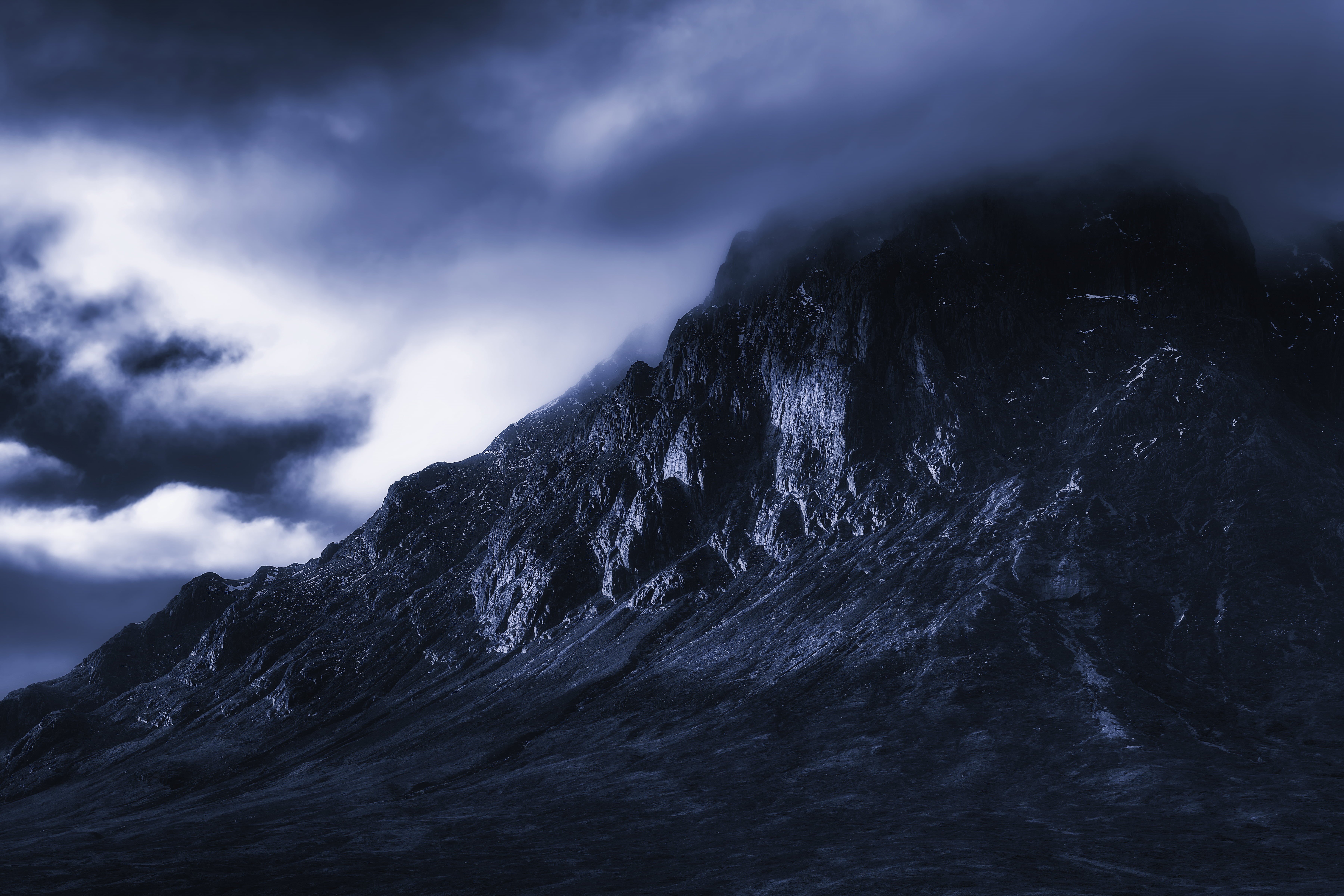 nature, rocky, 5K, USM, mountain Peak, mountain, outdoors, black and white, scenics, rocky mountain, Landscape, clouds, Scotland, snow, Glencoe, f/2, sky, HD Wallpaper