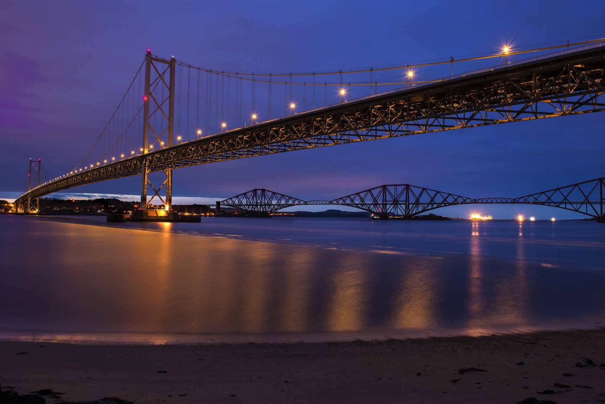 forth, blue, river, bridge, the Forth Bridge, united, 1080P, Great Britain, purple, kindgdom, sky, lighting, lights, United Kingdom, Forth Bridge, Night, HD Wallpaper