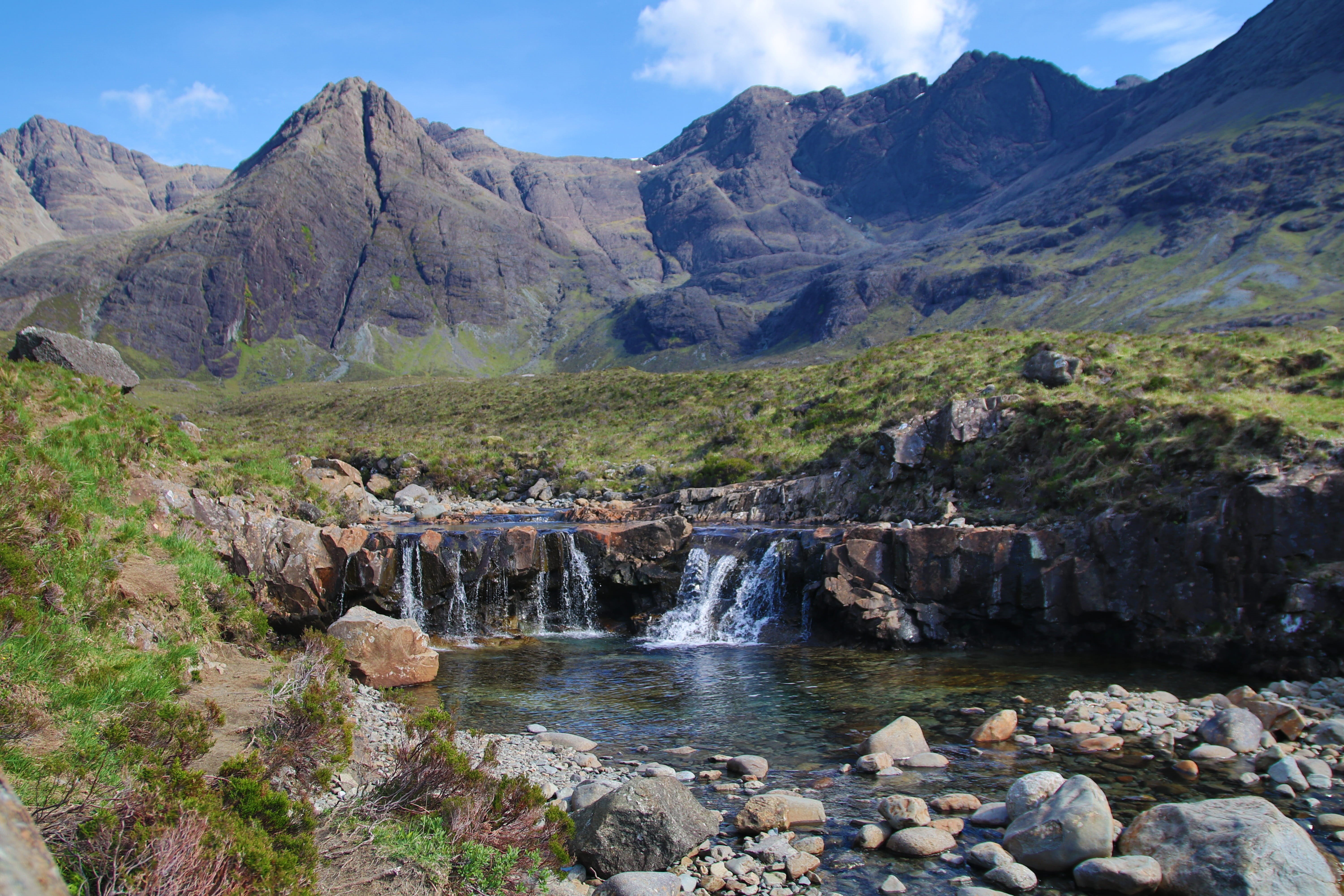 rock - object, motion, remote, formation, scotland, flowing, scenics - nature, isle of skye, water, mountain, tranquility, landscape, mountains, land, beauty in nature, HD Wallpaper
