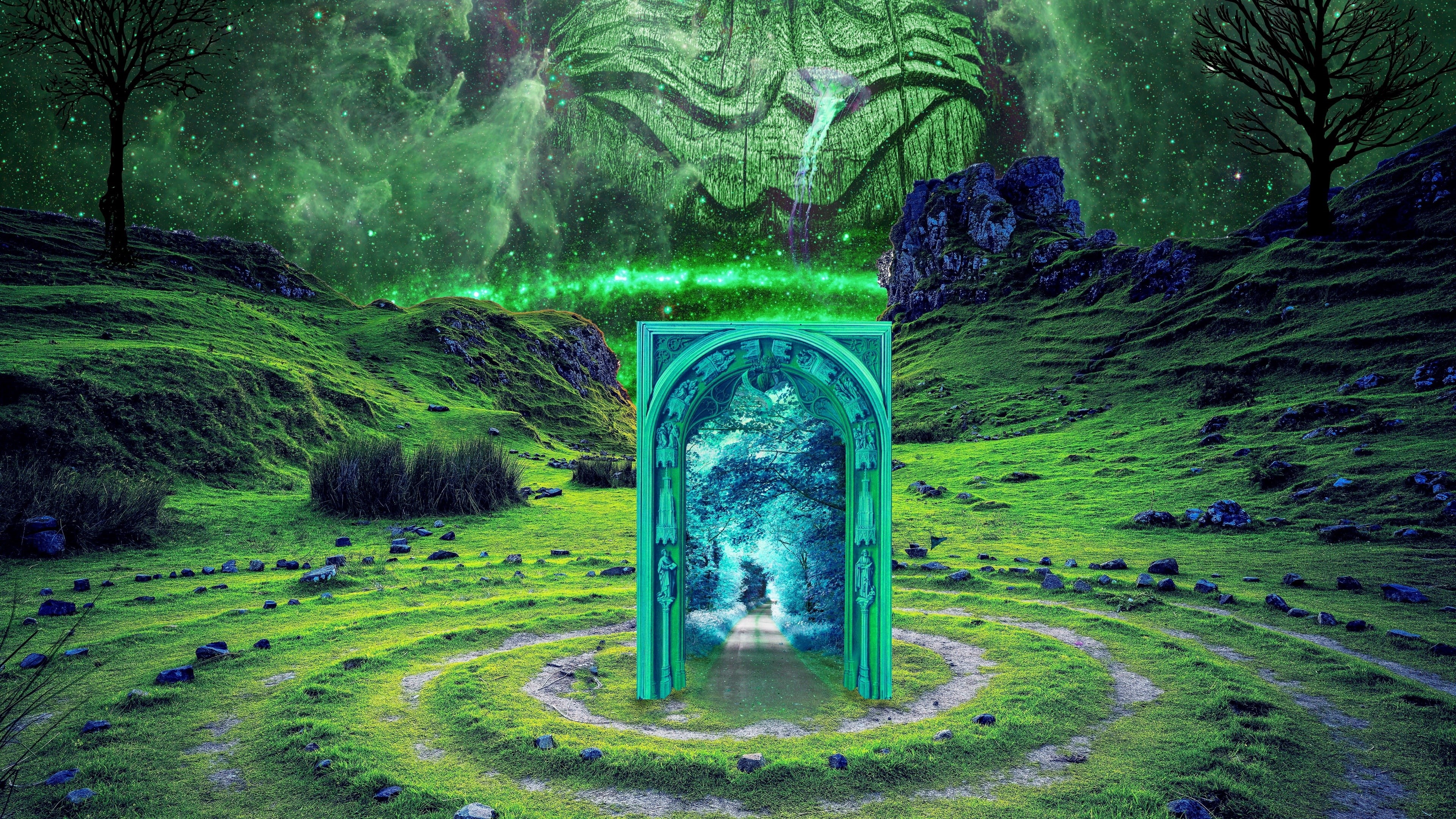otherworldly, spiral, door, isle of skye, delightful, wish, fairy circle, photoshop, mystic, grass, green, stone circle, 4K, scotland, future, fairy glen, HD Wallpaper