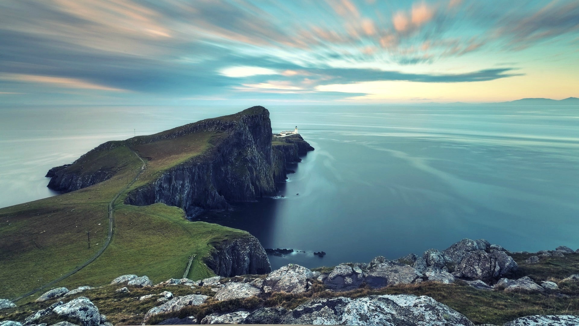 1080P, Neist Point Lighthouse, landscape, sea, Scotland, long exposure, lighthouse, coast, nature, cliff, HD Wallpaper