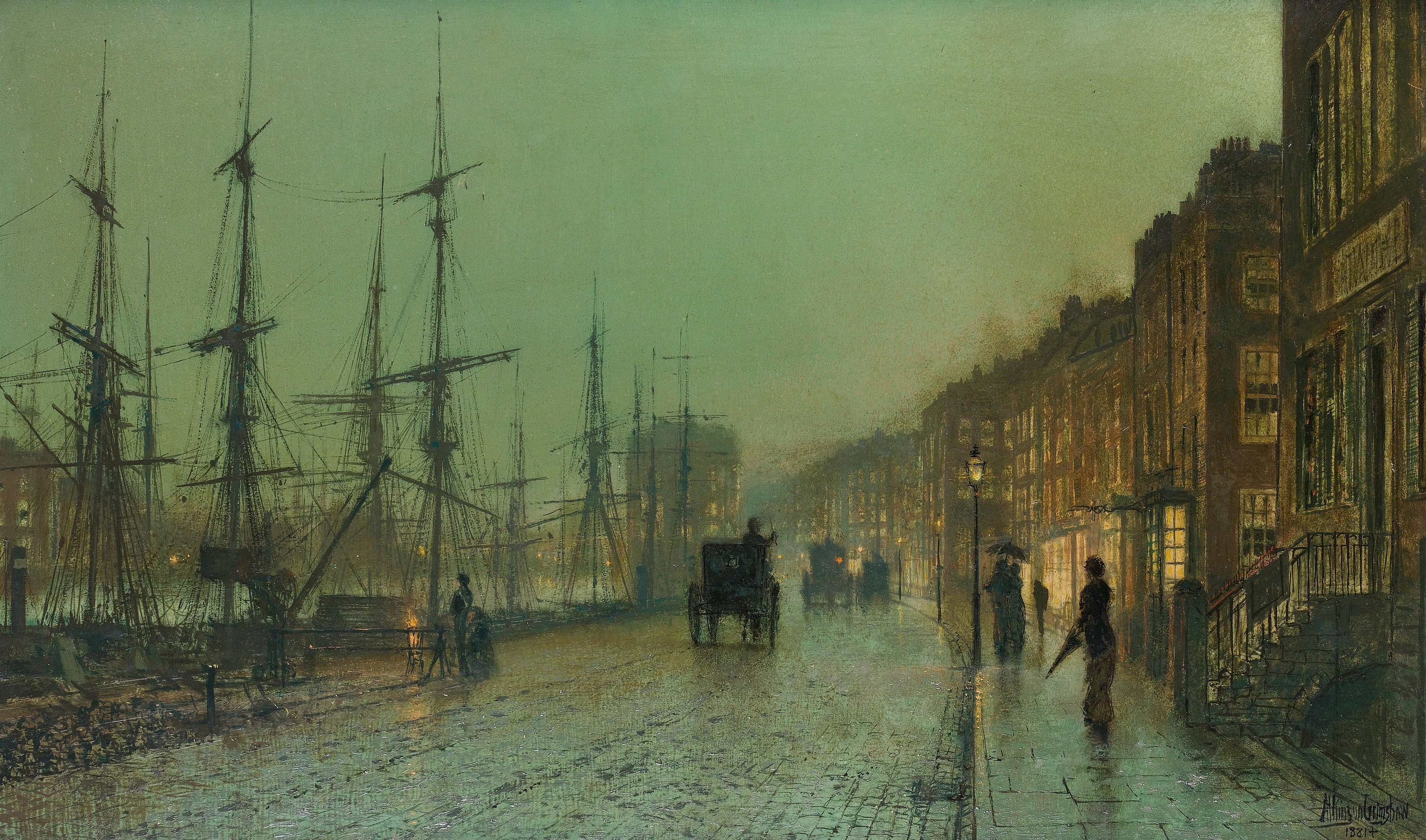 the urban landscape, picture, ship, promenade, mast, The Docks Of Glasgow, John Atkinson Grimshaw, 4K, HD Wallpaper