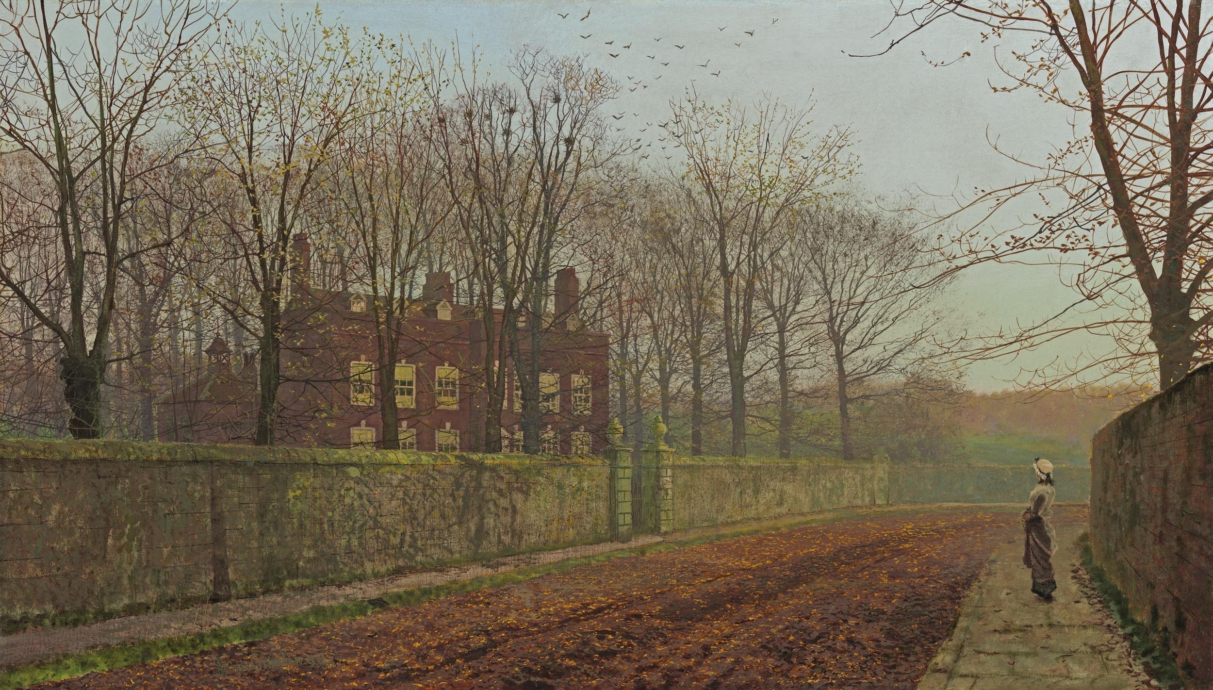 1080P, girl, trees, the fence, picture, branches, birds, road, autumn, house, street, John Atkinson Grimshaw, HD Wallpaper