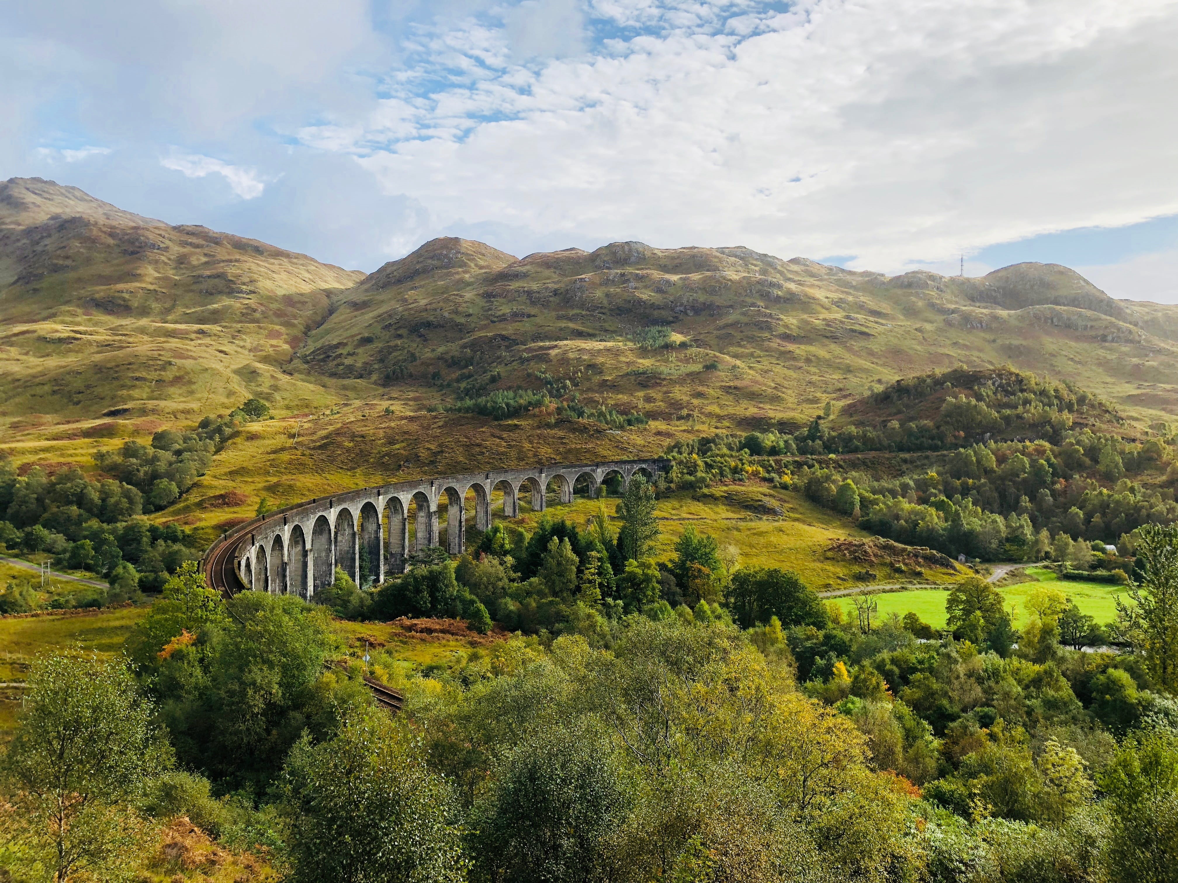 sky, non-urban scene, beauty in nature, bridge - man made structure, architecture, bridge, mountains, transportation, 4K, arch, land, scotland, travel, HD Wallpaper