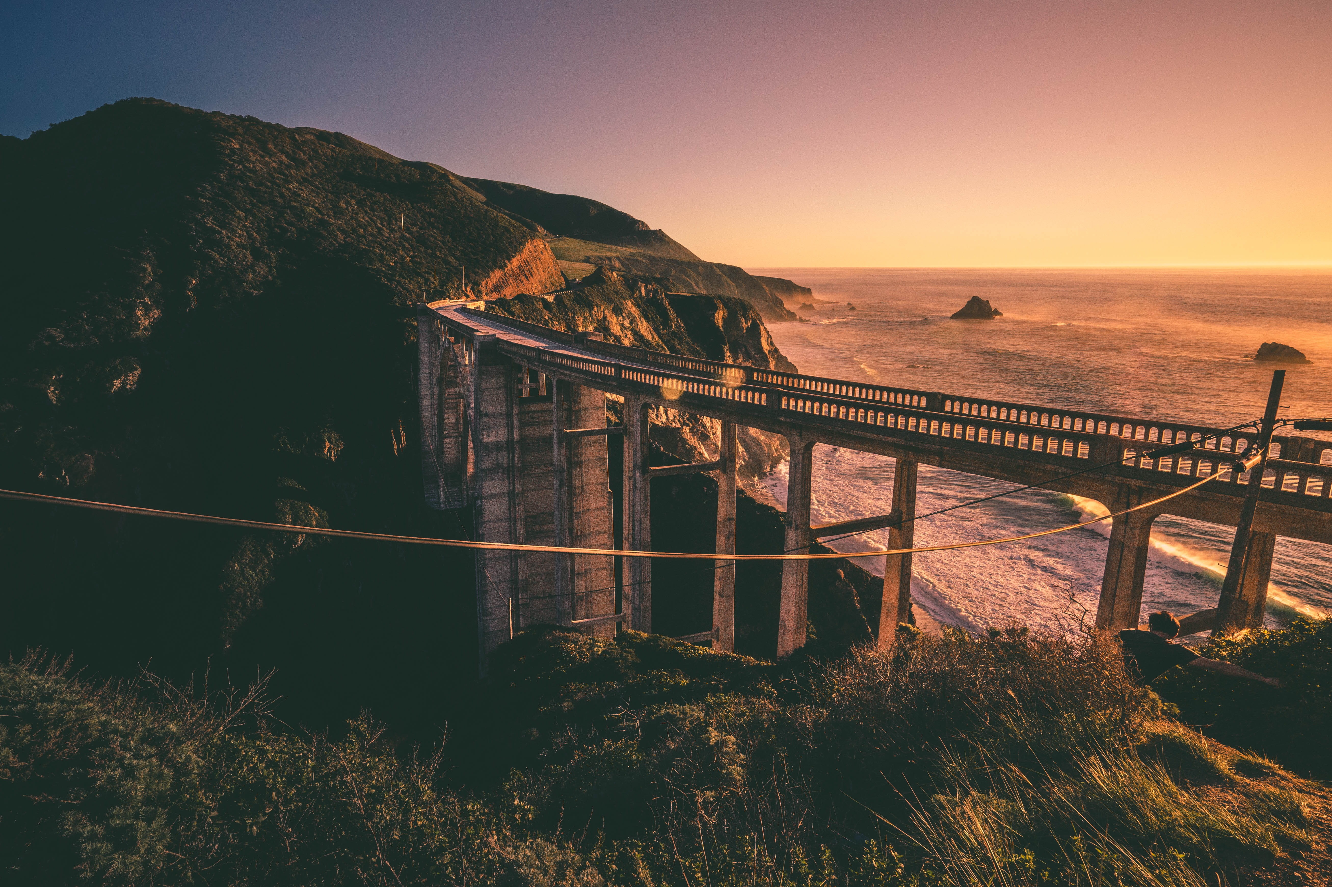 building, sky, cable, cloud, ocean, sea, built structure, suspension, architecture, landscape, photography, stone, grass, rock, water, big sur, mountain, HD Wallpaper